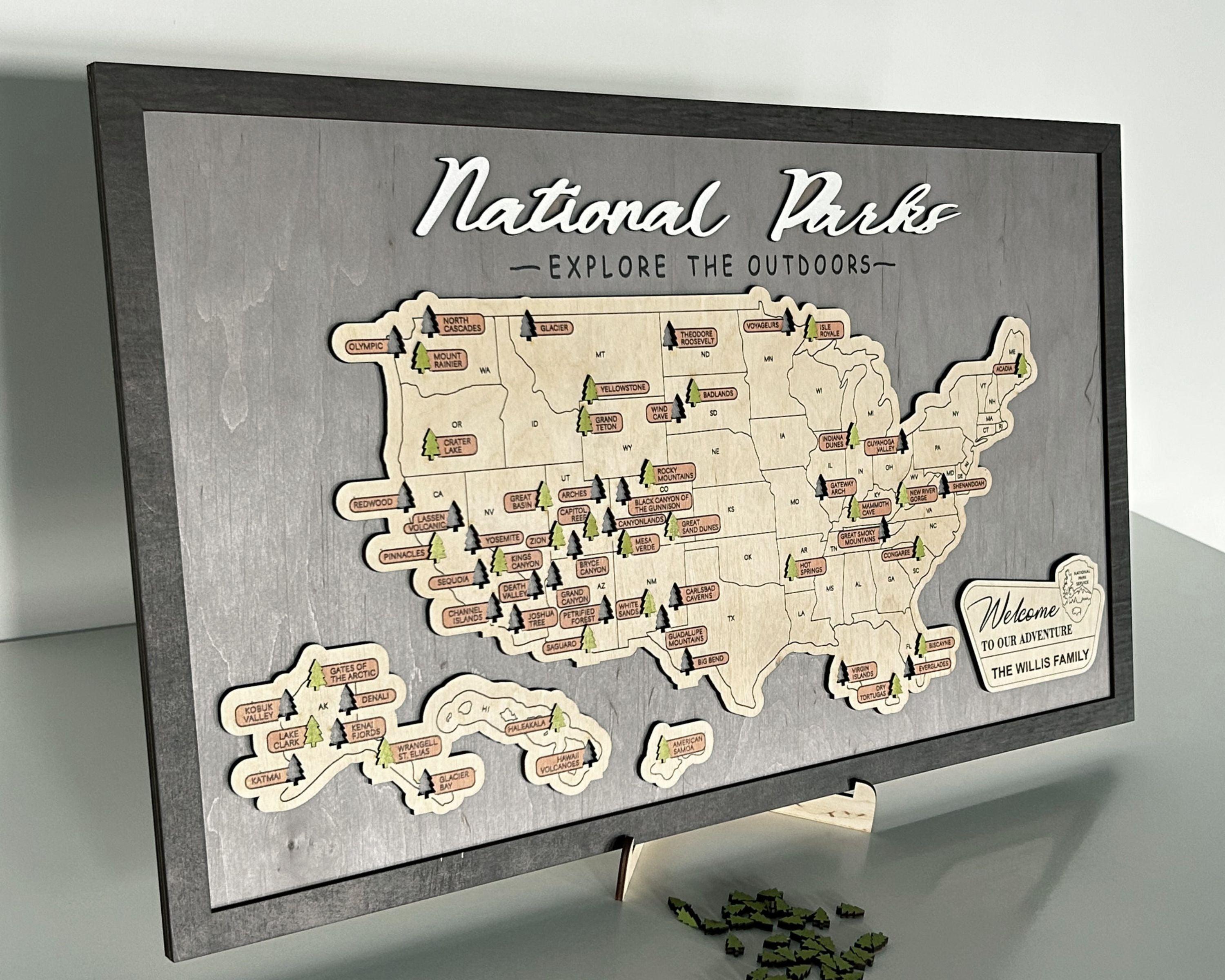 US Wooden National Parks Travel Map With Trees To Record Park Visits (Light Grey) - Lemap