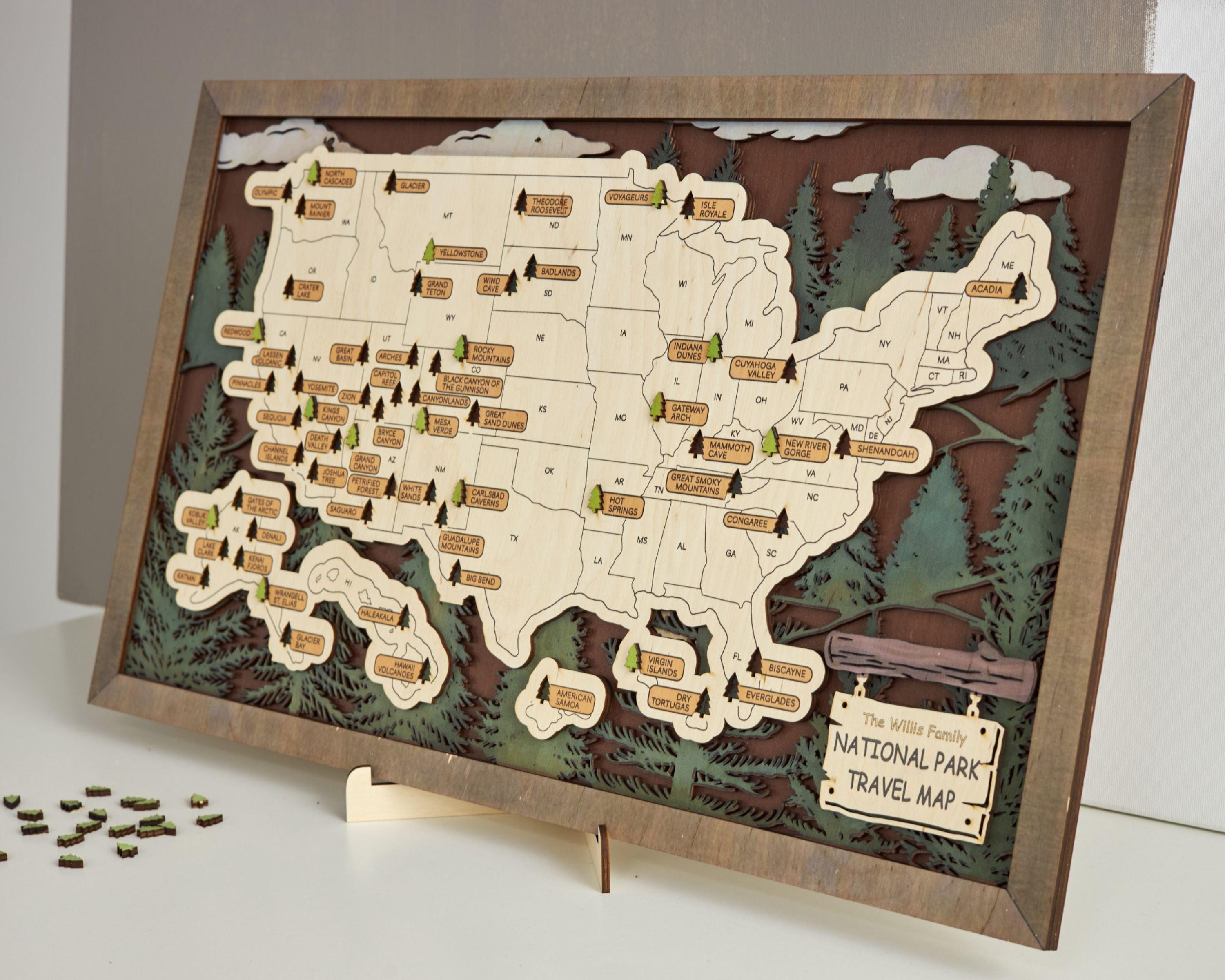 US 3D Wooden National Parks Travel Map With Trees To Record Park Visits (1 Design) - Lemap