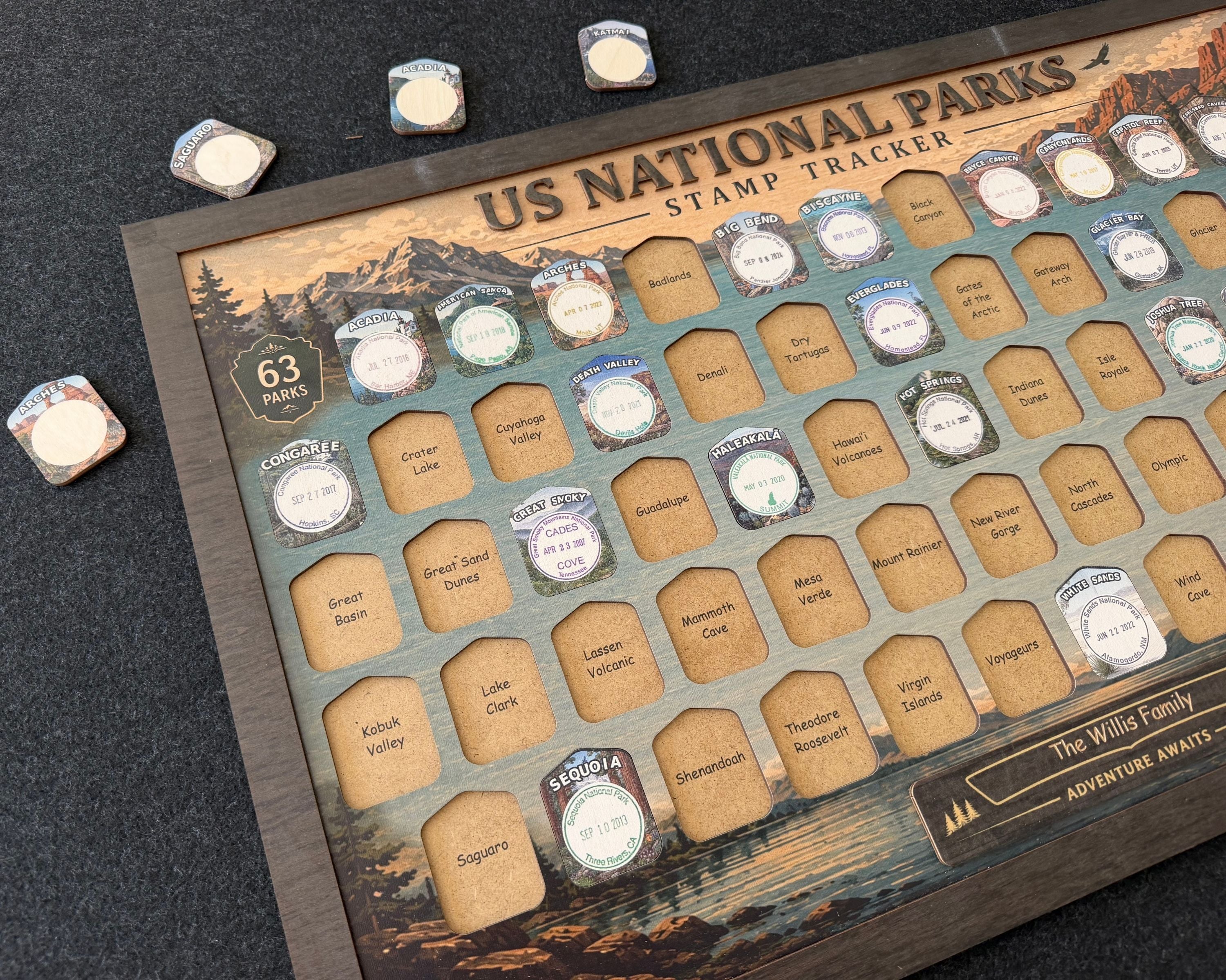 USA National Park Stamp Tracker – Wooden Passport Stamp Display for All 63 US National Parks