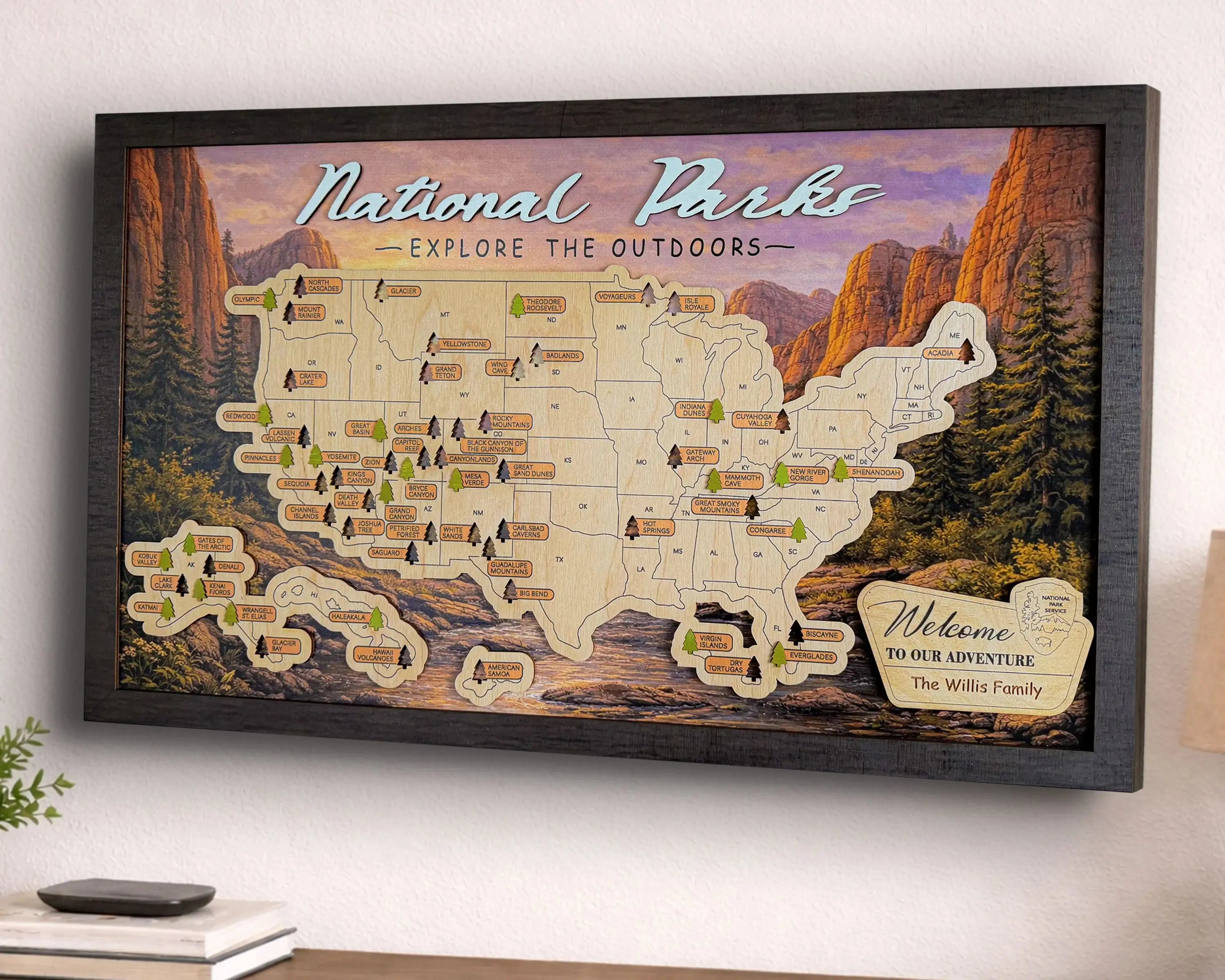 US National Parks Wooden Travel Map & Visit Tracker – Landscape Edition (Mountain sunset)