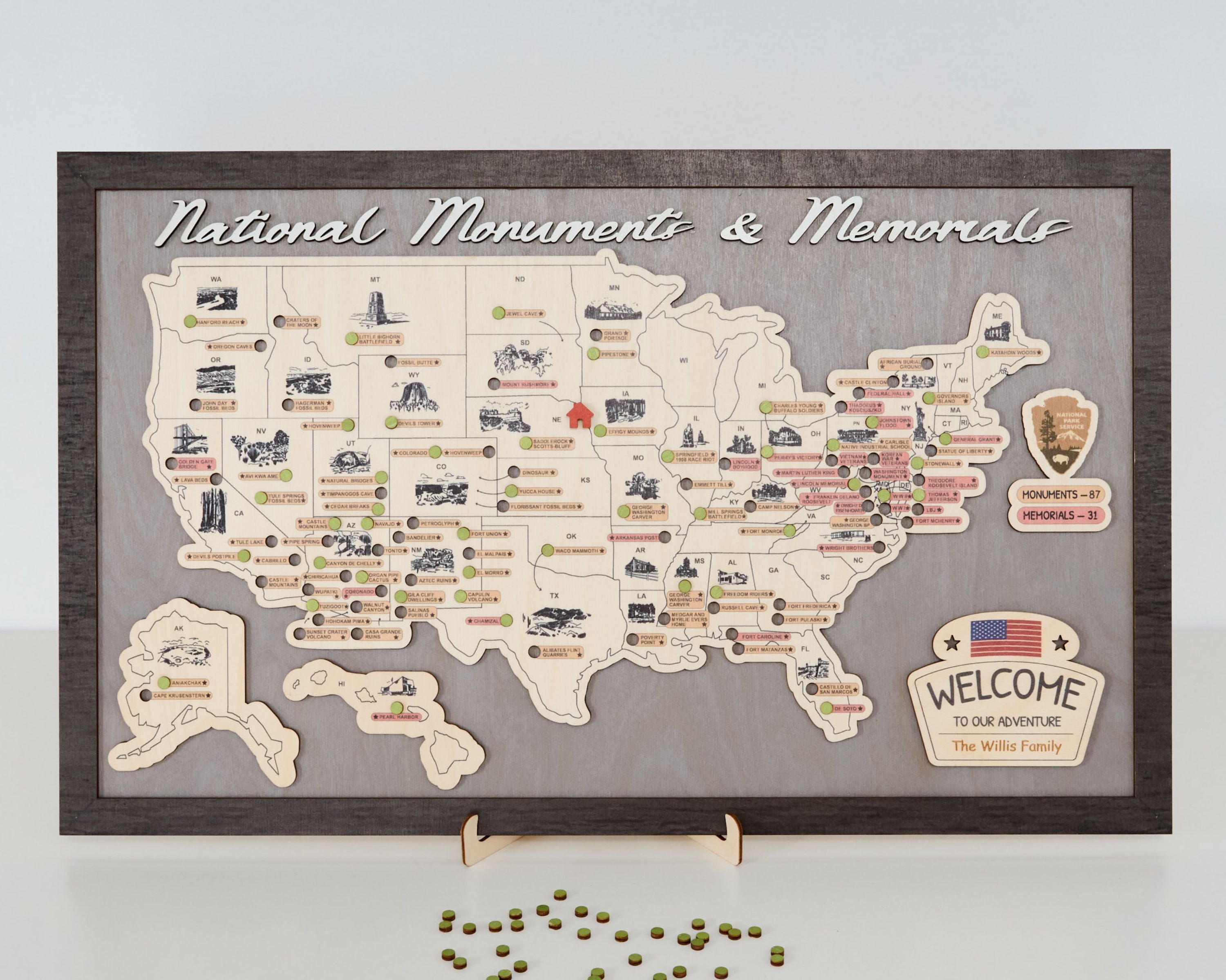 US Wooden National Monuments & Memorials Travel Map With Pins To Record Visits (Light Grey)