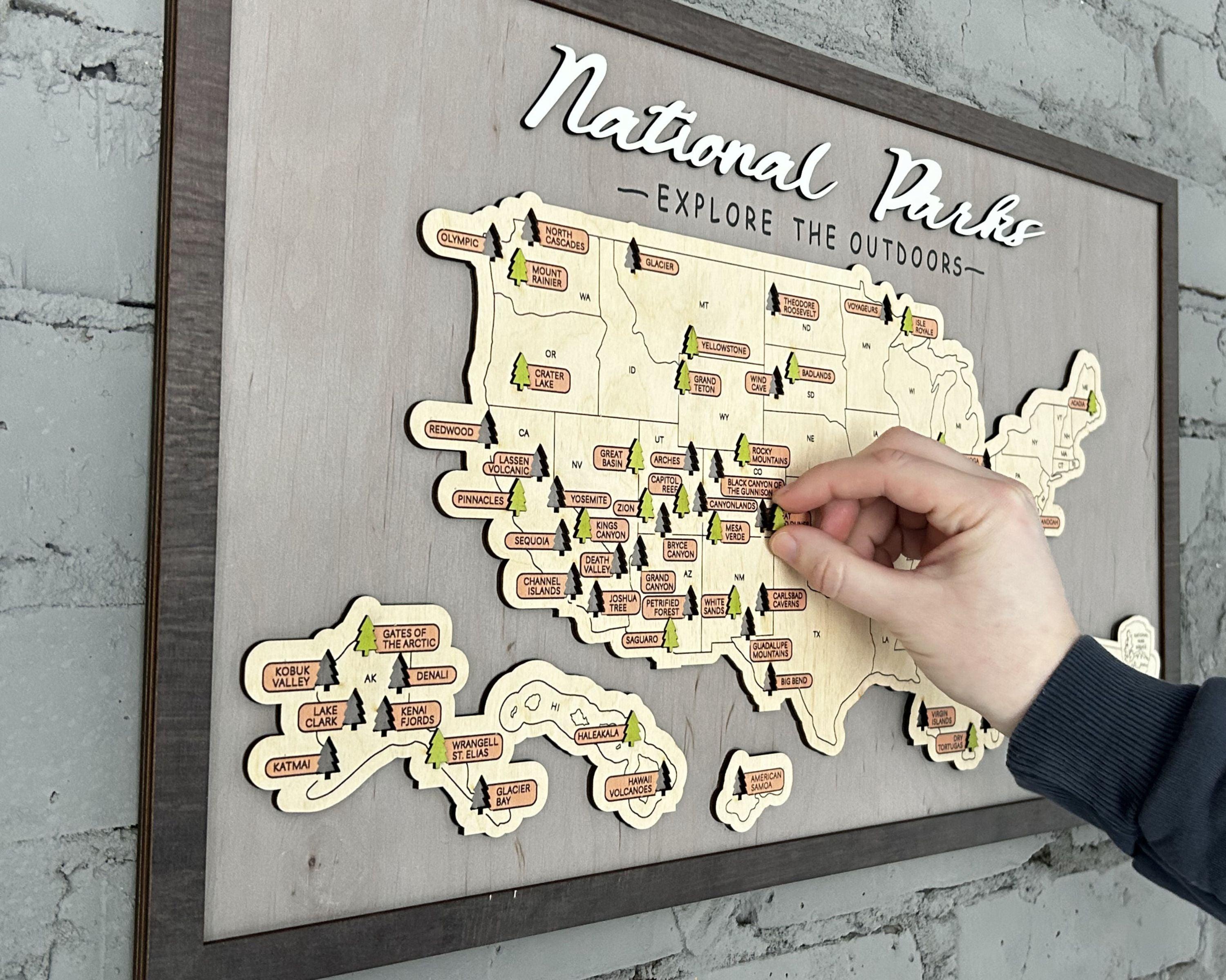 US Wooden National Parks Travel Map With Trees To Record Park Visits (Light Grey) - Lemap