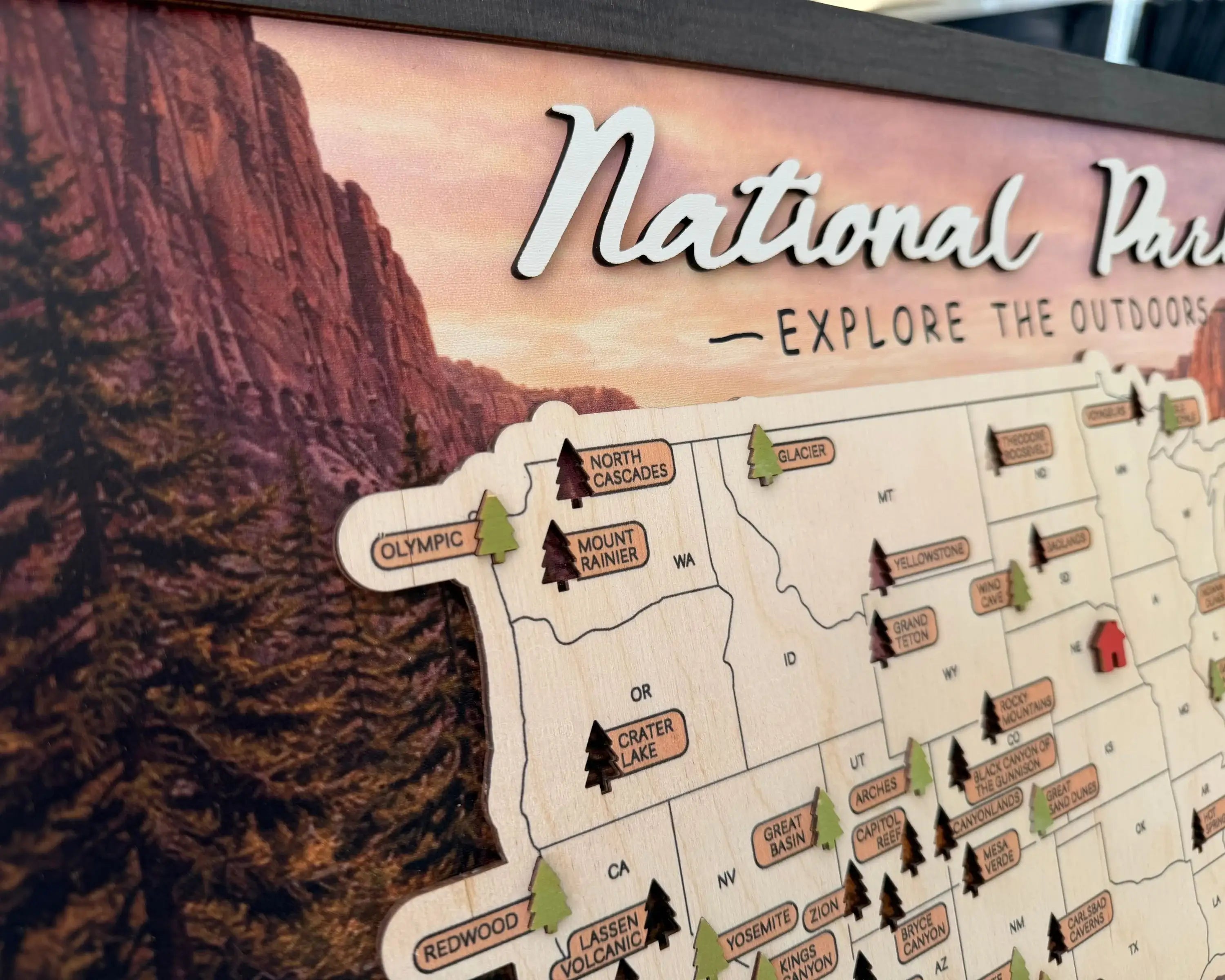 US National Parks Wooden Travel Map & Visit Tracker – Landscape Edition (Road sunset)