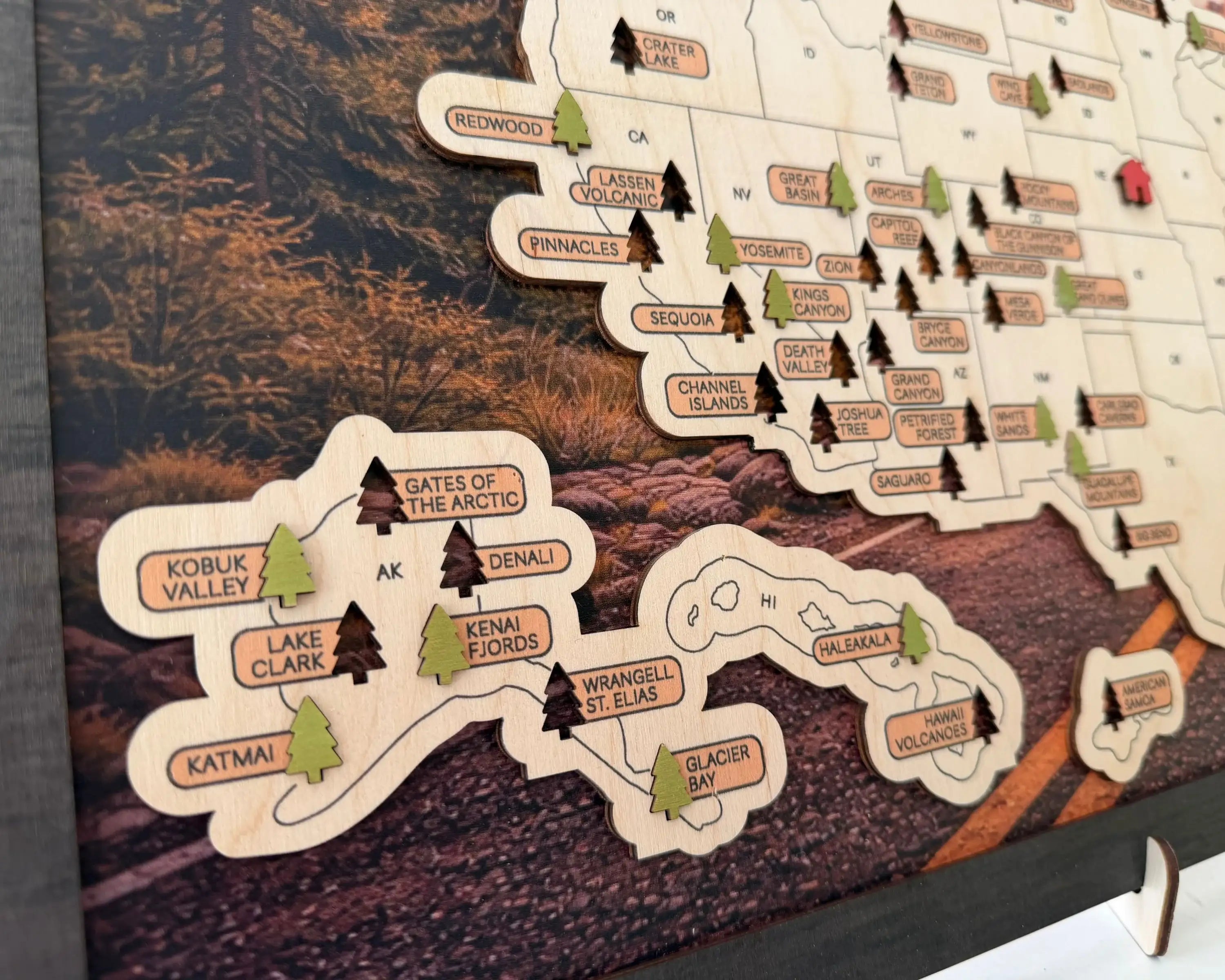 US National Parks Wooden Travel Map & Visit Tracker – Landscape Edition (Road sunset)