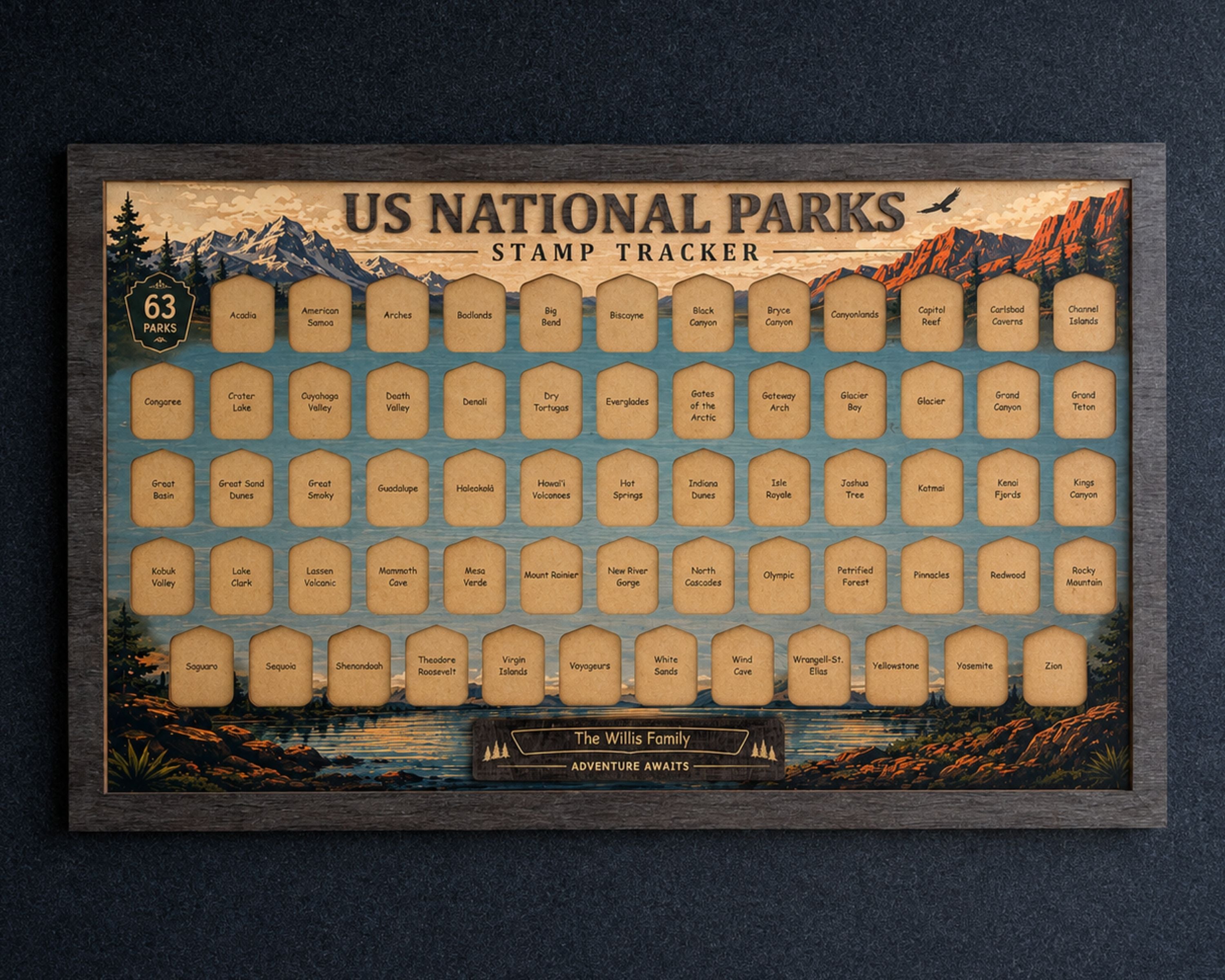 USA National Park Stamp Tracker – Wooden Passport Stamp Display for All 63 US National Parks