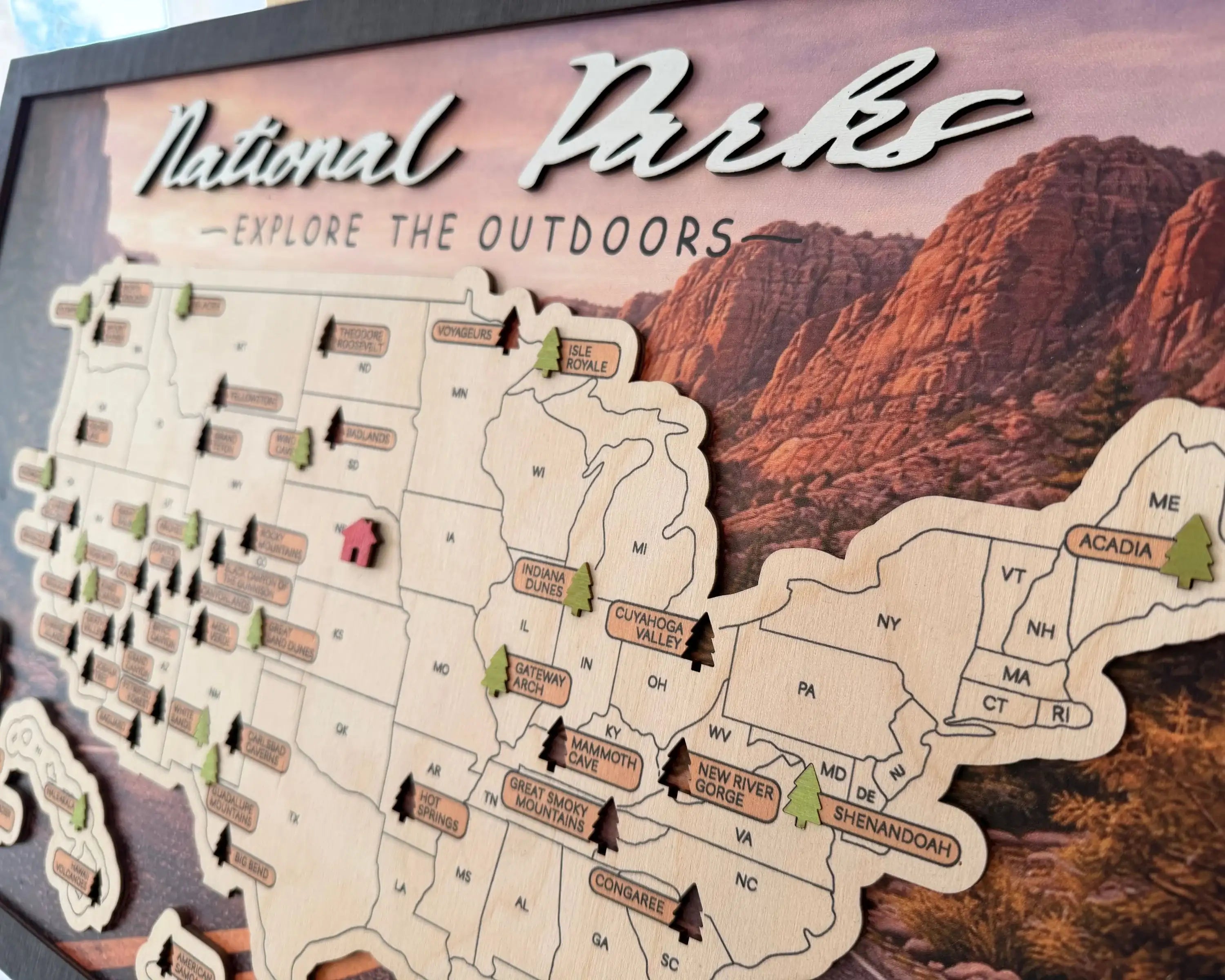US National Parks Wooden Travel Map & Visit Tracker – Landscape Edition (Road sunset)