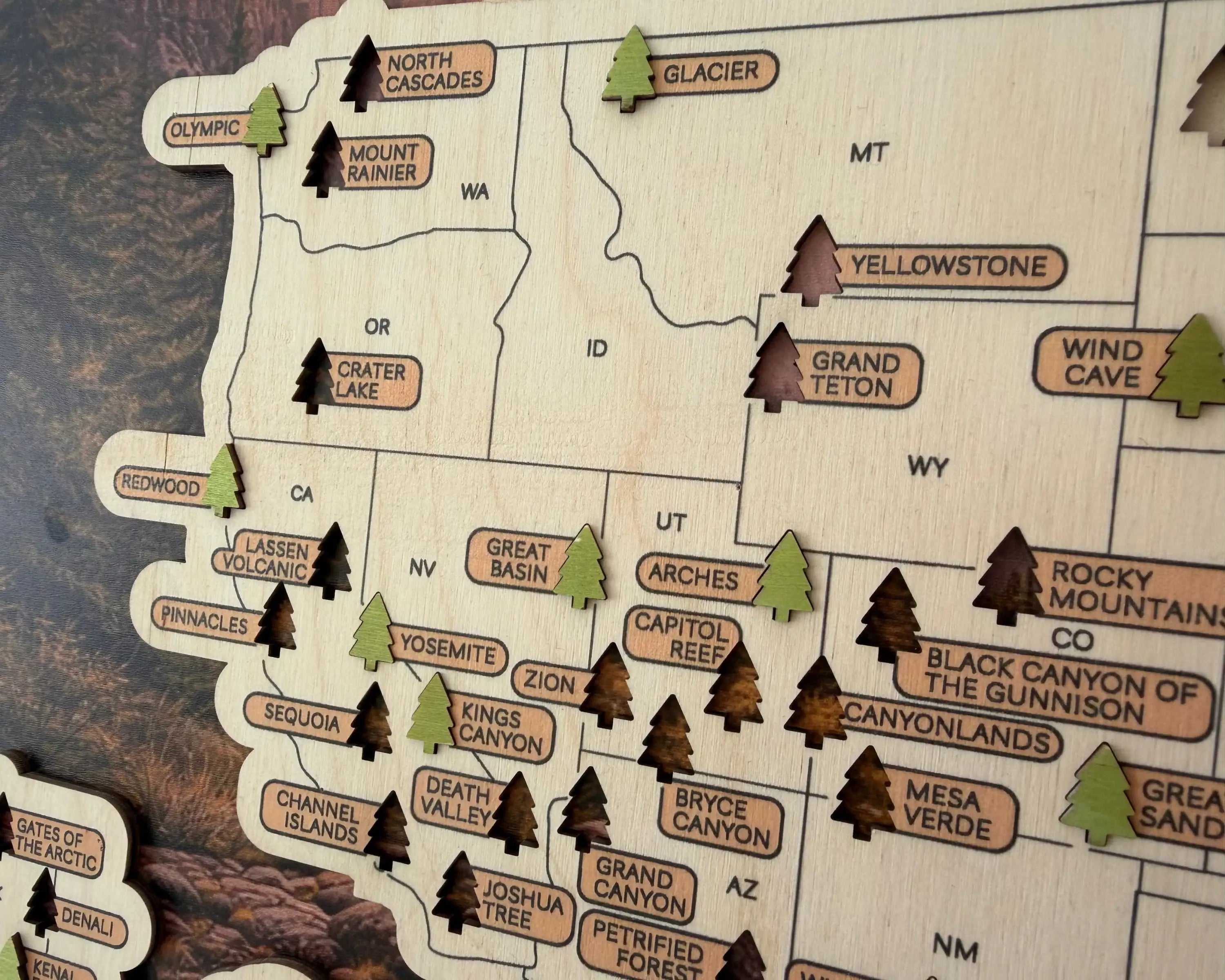 US National Parks Wooden Travel Map & Visit Tracker – Landscape Edition (Road sunset)