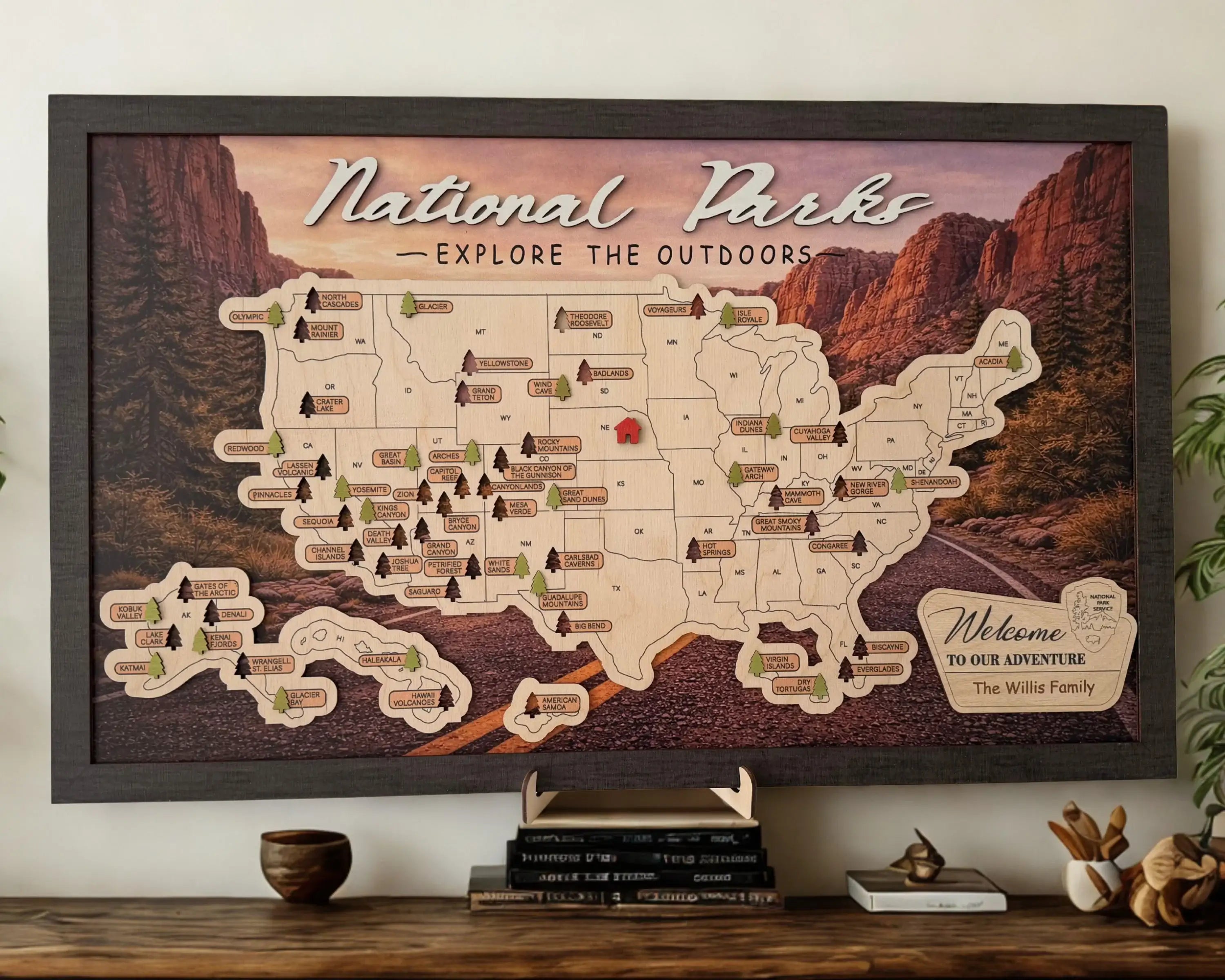 US National Parks Wooden Travel Map & Visit Tracker – Landscape Edition (Road sunset)