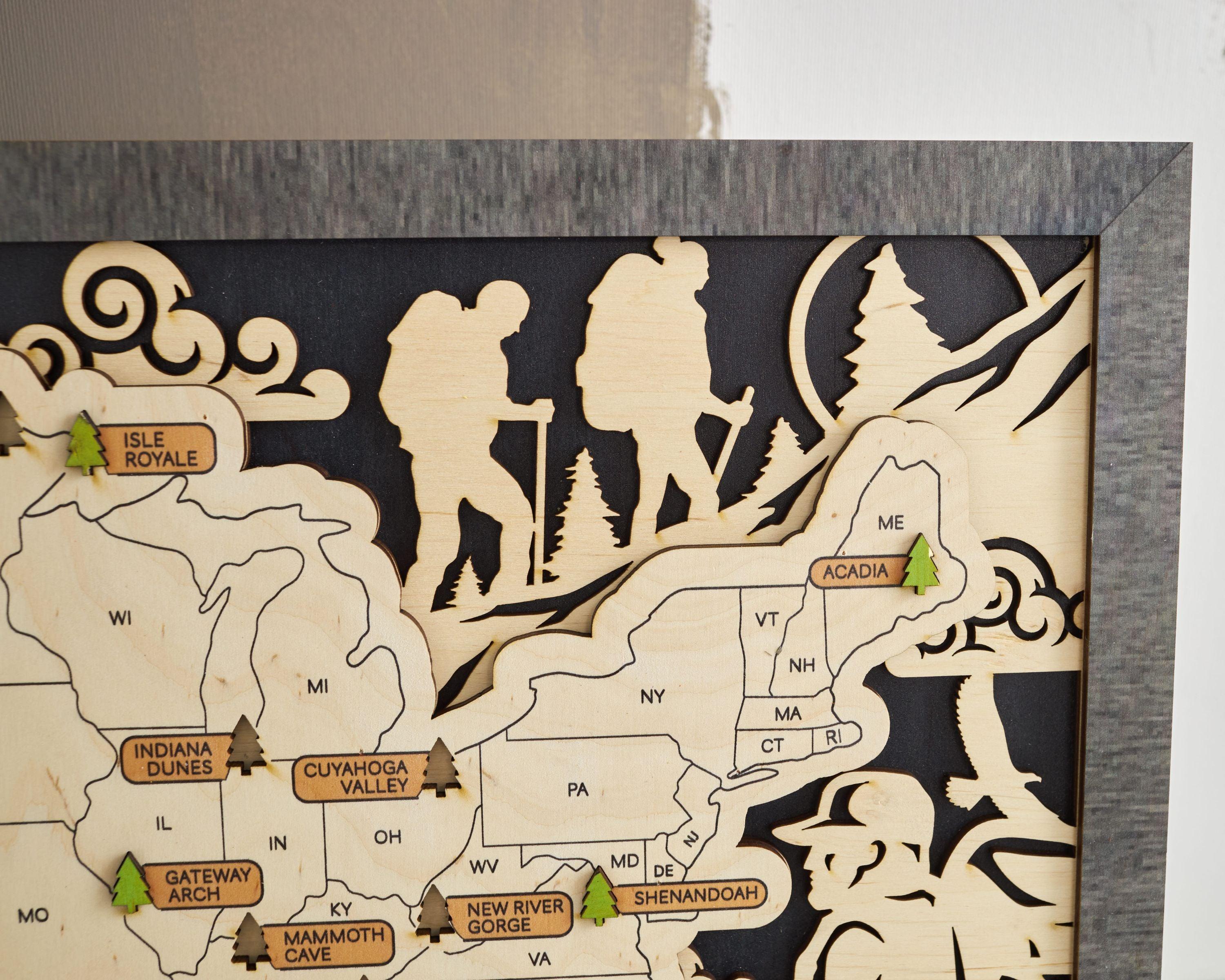 US 3D Wooden National Parks Travel Map With Trees To Record Park Visits (Hiking Design) - Lemap