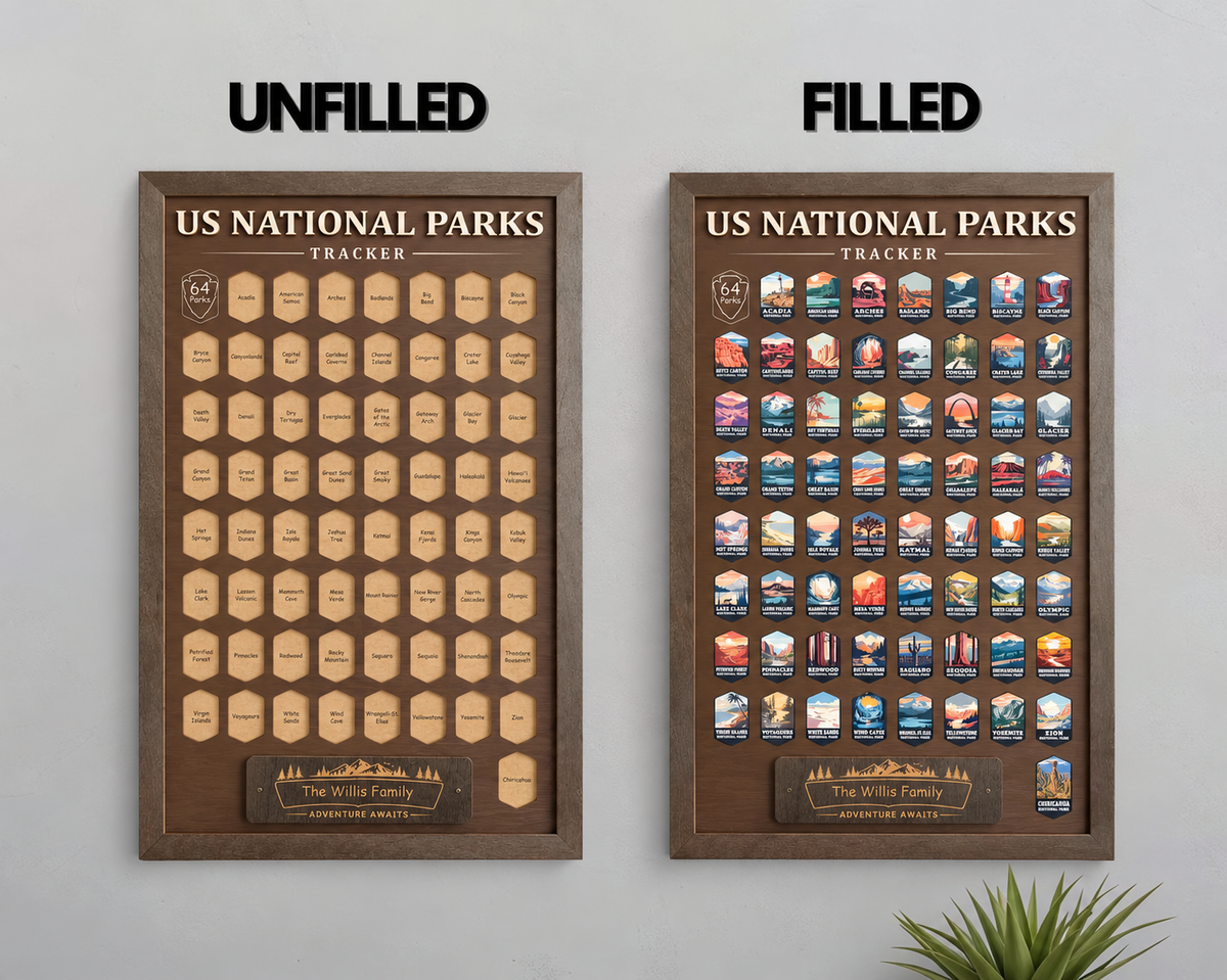 USA National Parks Tracker - A Handcrafted Wooden Travel Board to Track All 64 National Parks