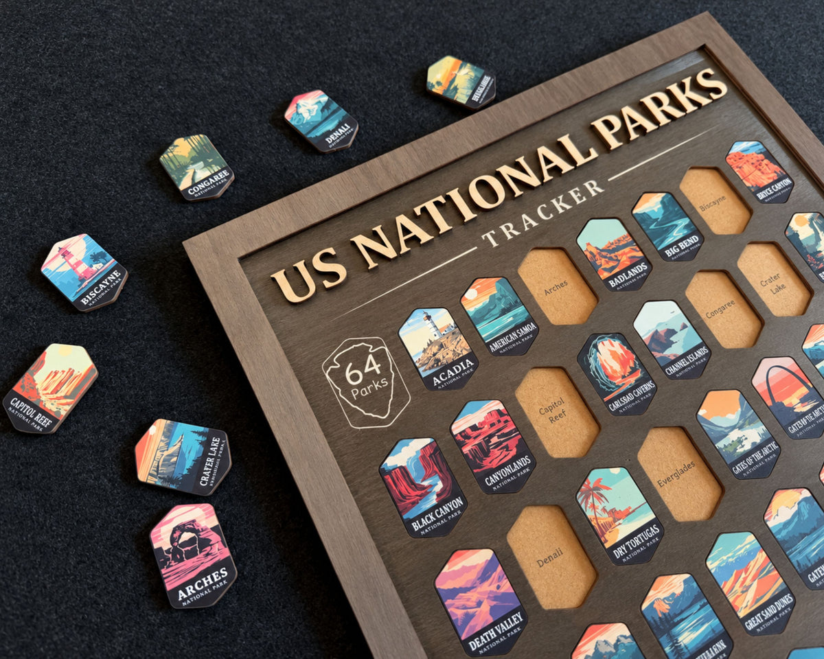 USA National Parks Tracker - A Handcrafted Wooden Travel Board to Track All 64 National Parks
