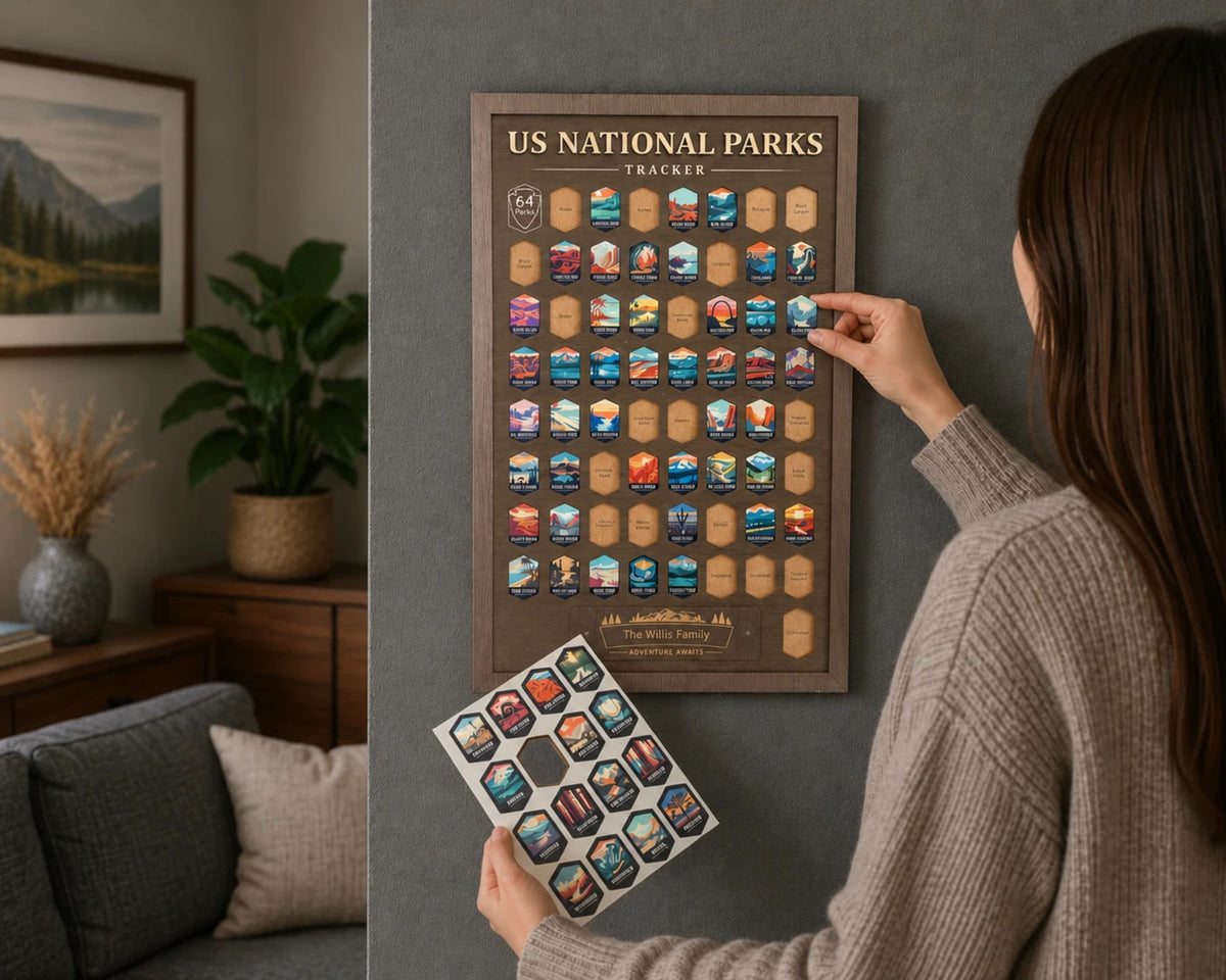 USA National Parks Tracker - A Handcrafted Wooden Travel Board to Track All 64 National Parks