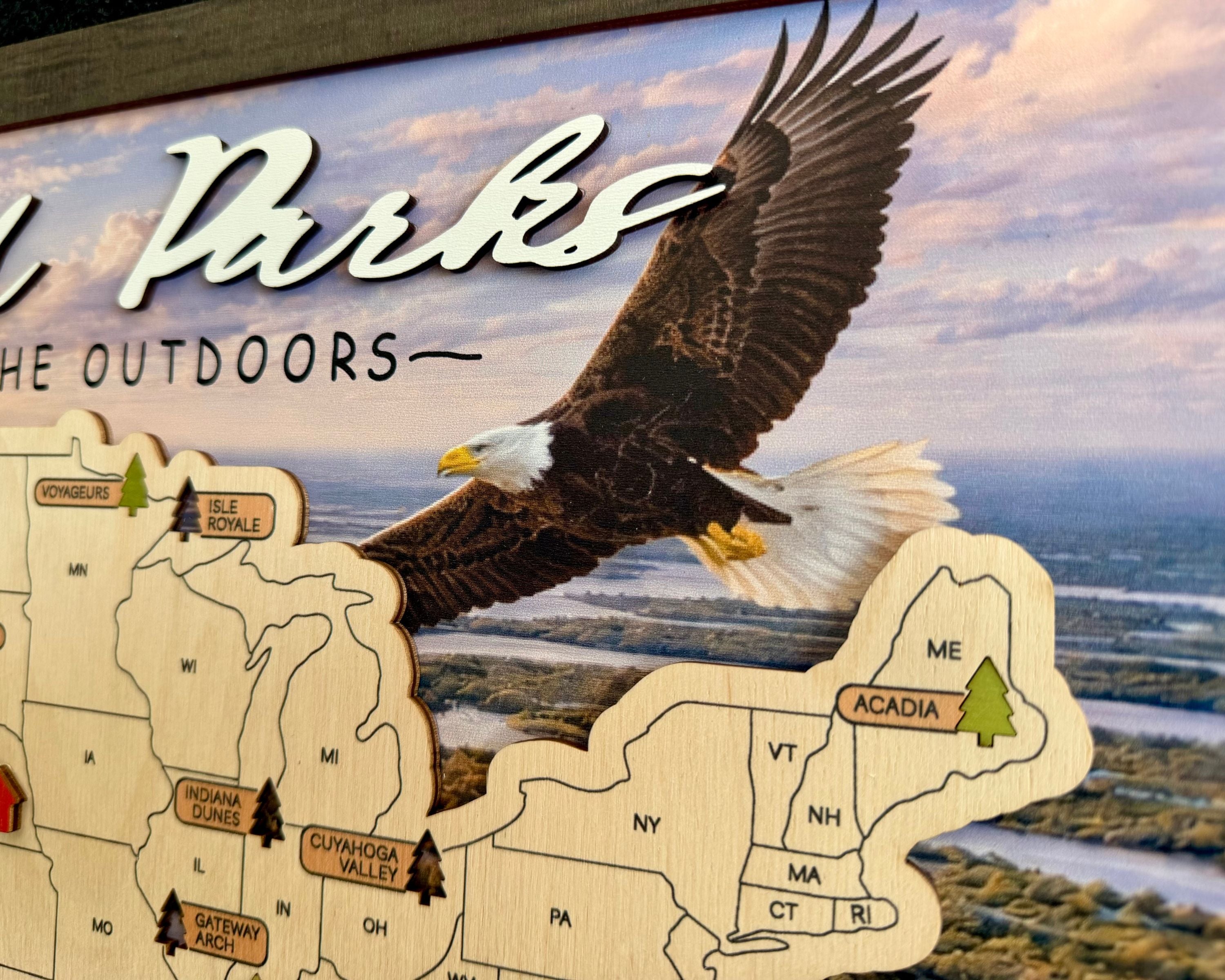 US National Parks Wooden Travel Map & Visit Tracker – Landscape Edition (Eagle)