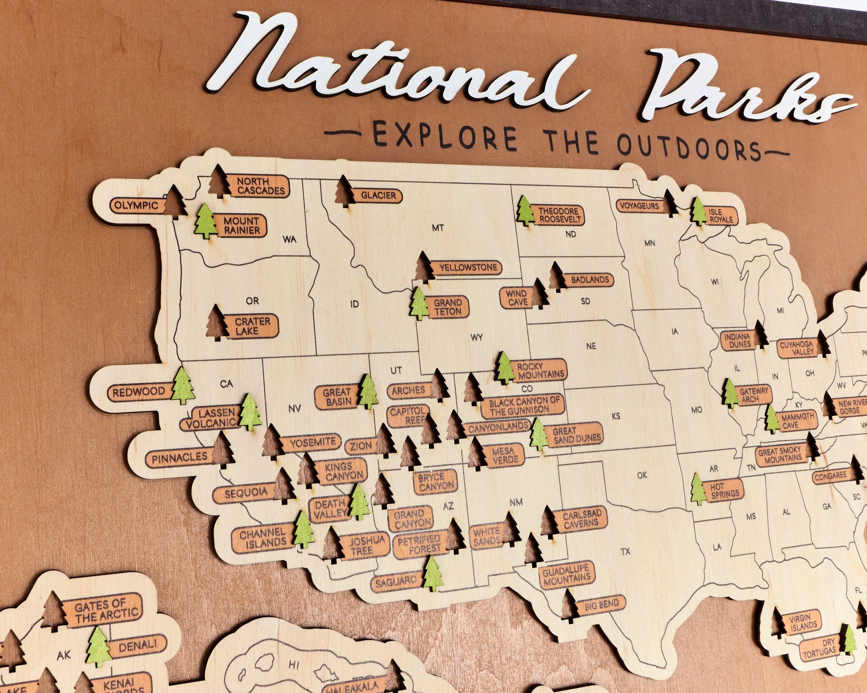 US Wooden National Parks Travel Map With Trees To Record Park Visits (Palisander) - Lemap