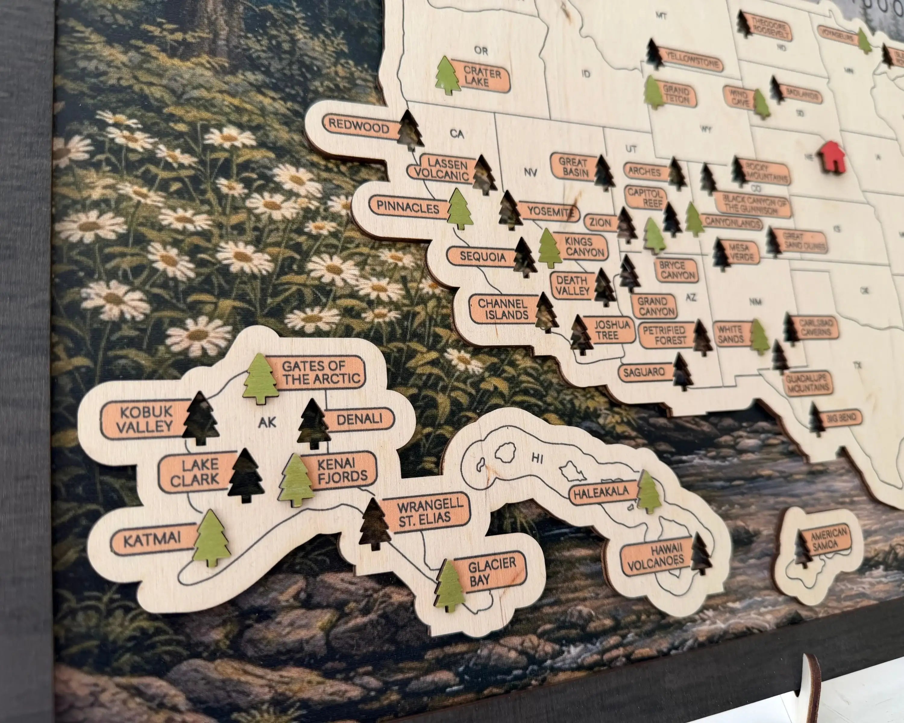 US National Parks Wooden Travel Map & Visit Tracker – Landscape Edition (Forest daisies)