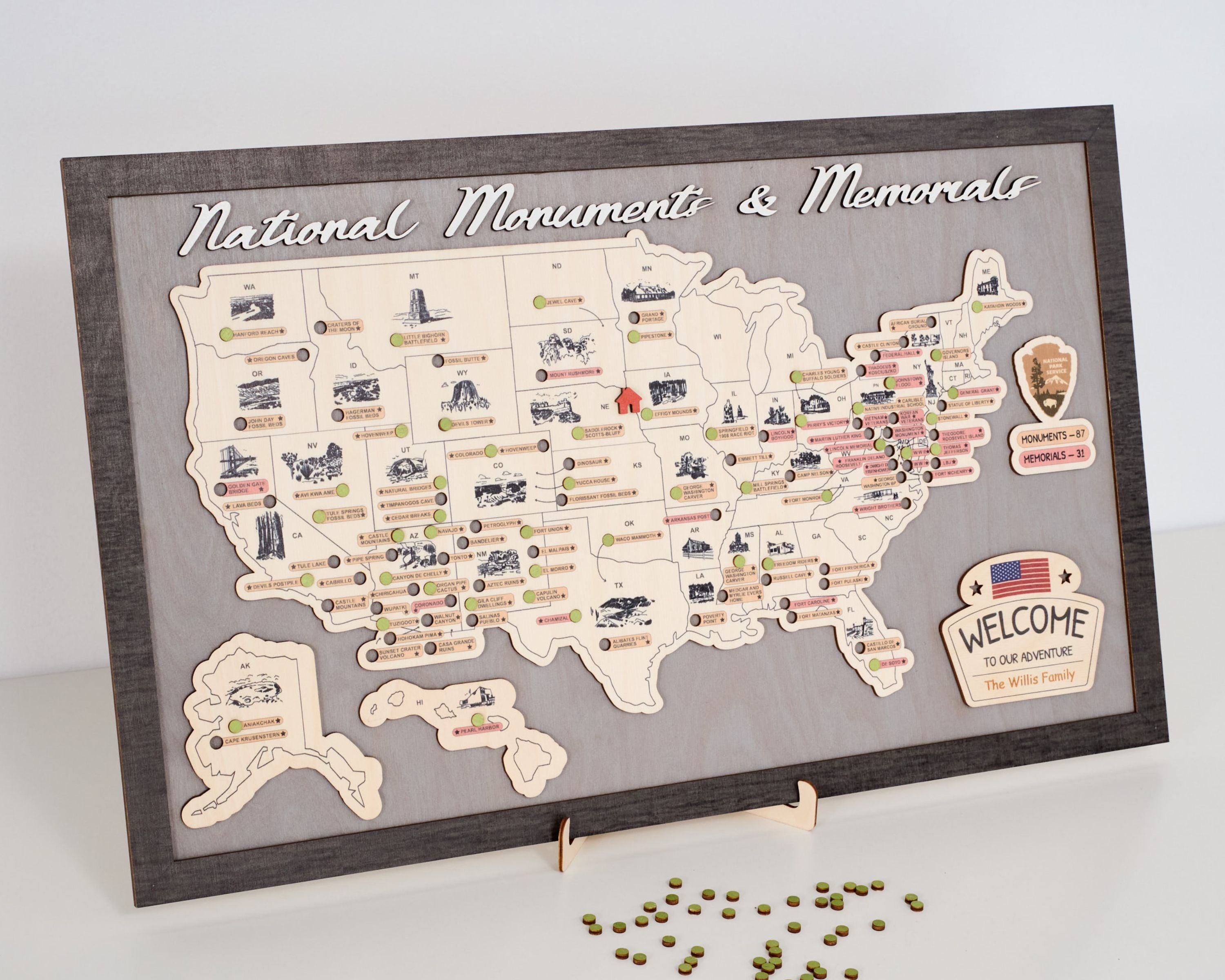 US Wooden National Monuments & Memorials Travel Map With Pins To Record Visits (Light Grey)