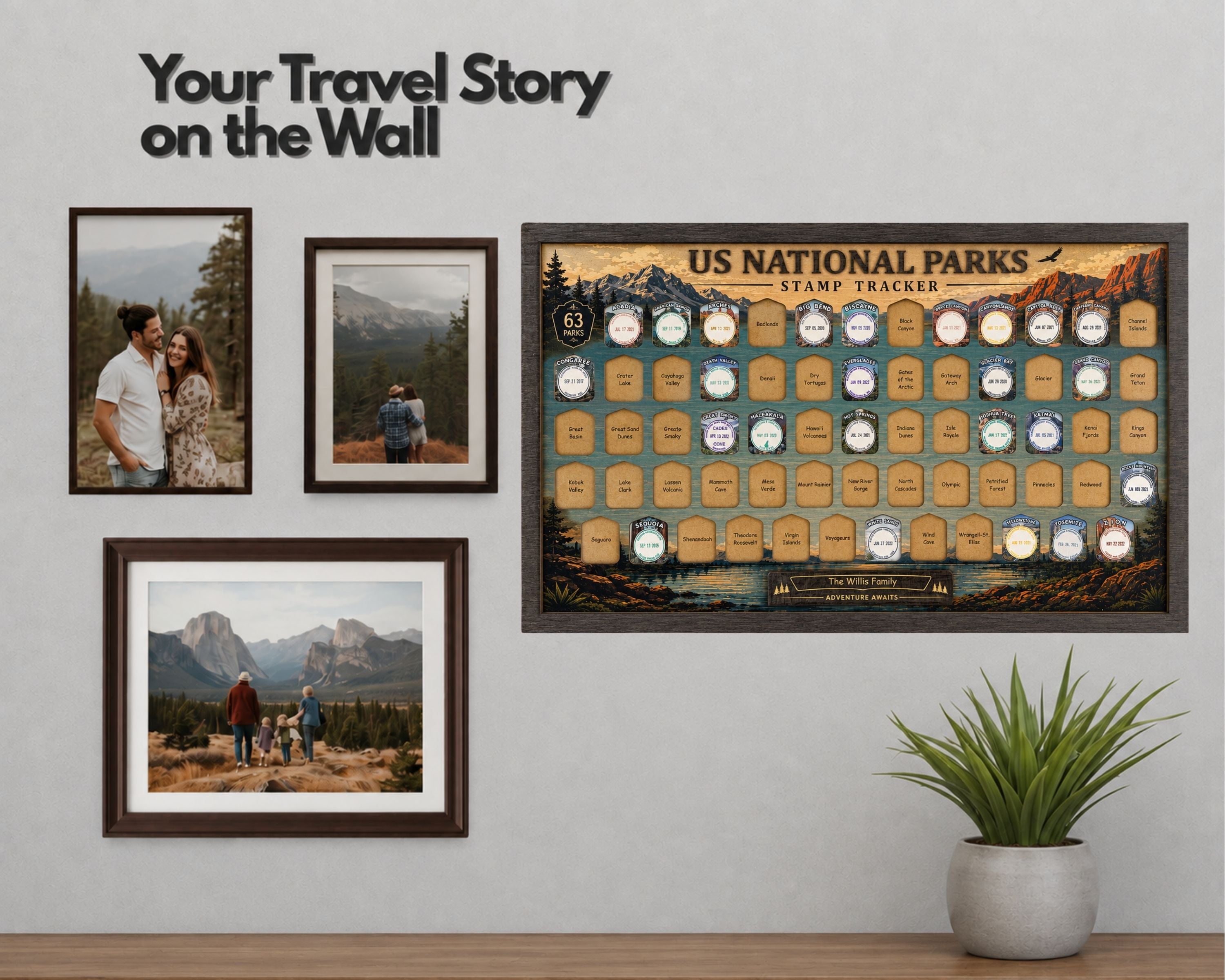 USA National Park Stamp Tracker – Wooden Passport Stamp Display for All 63 US National Parks