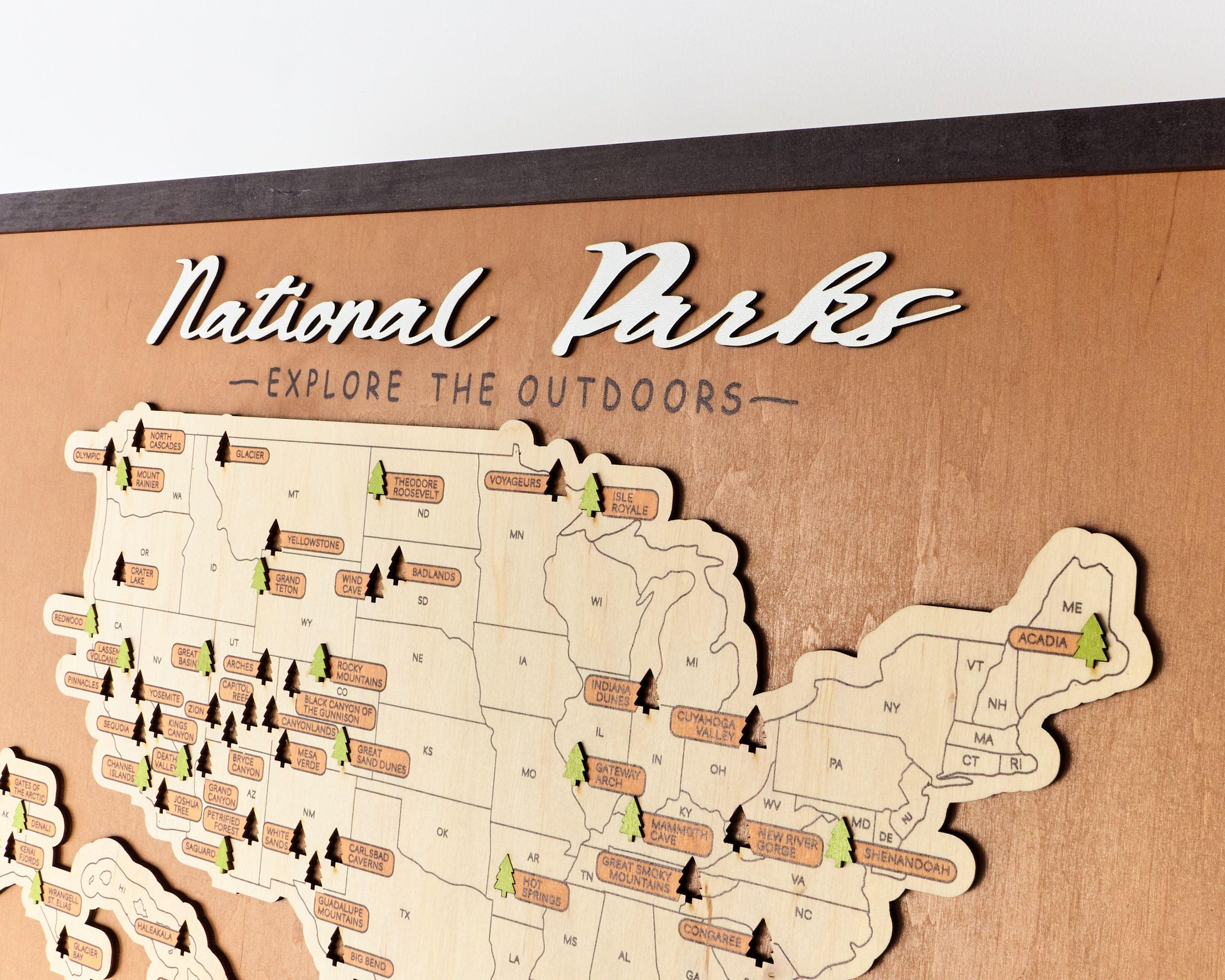 US Wooden National Parks Travel Map With Trees To Record Park Visits (Palisander) - Lemap