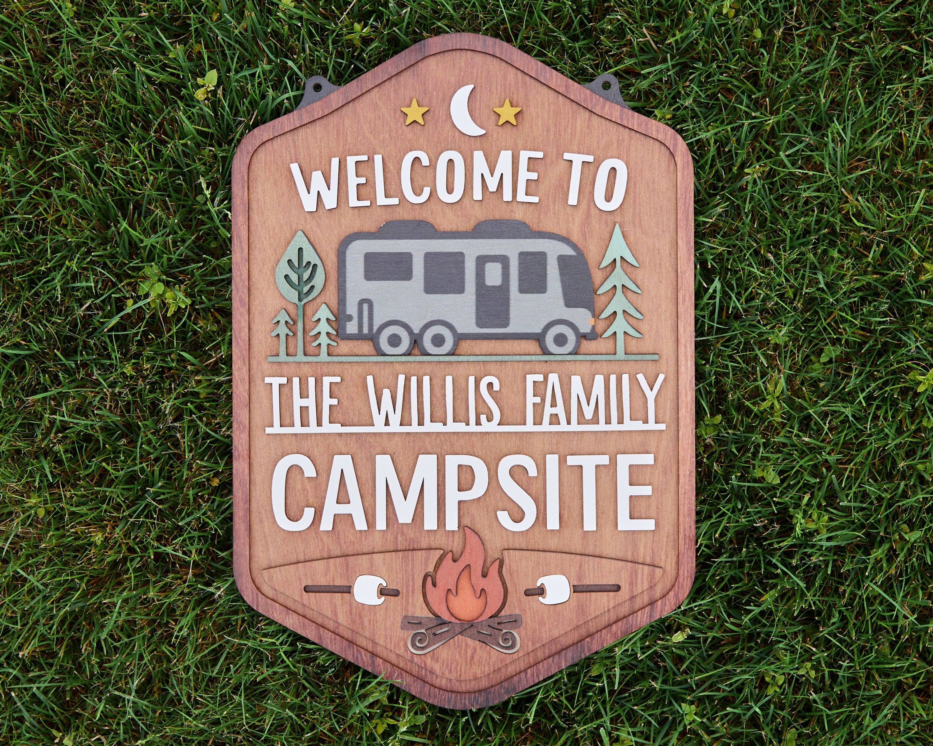 Personalized Welcome To Our Campsite Sign - Camping Flag | Custom Family Name Camper Decoration (RV)