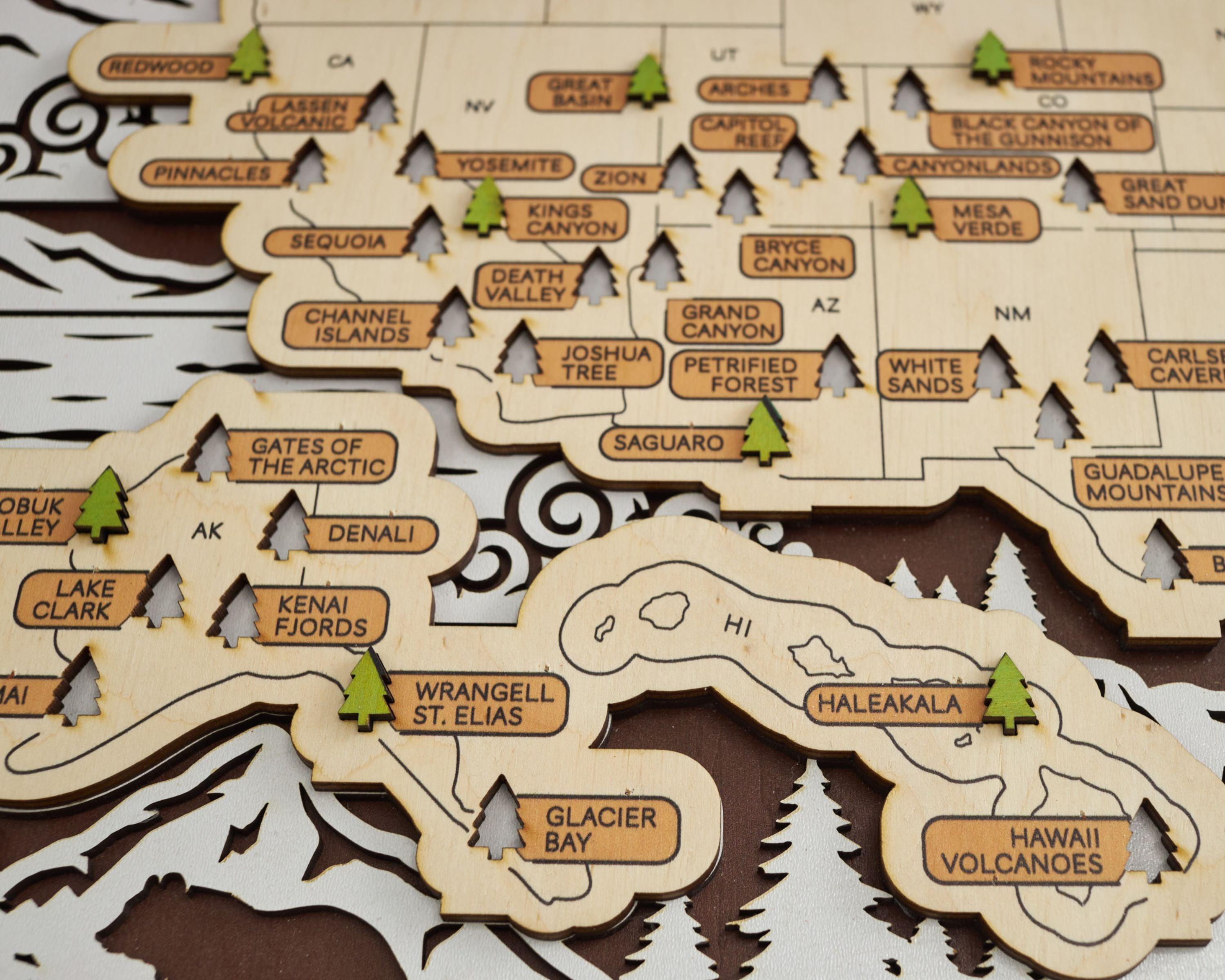US 3D Wooden National Parks Travel Map With Trees To Record Park Visits (Wildlife Design) - Lemap