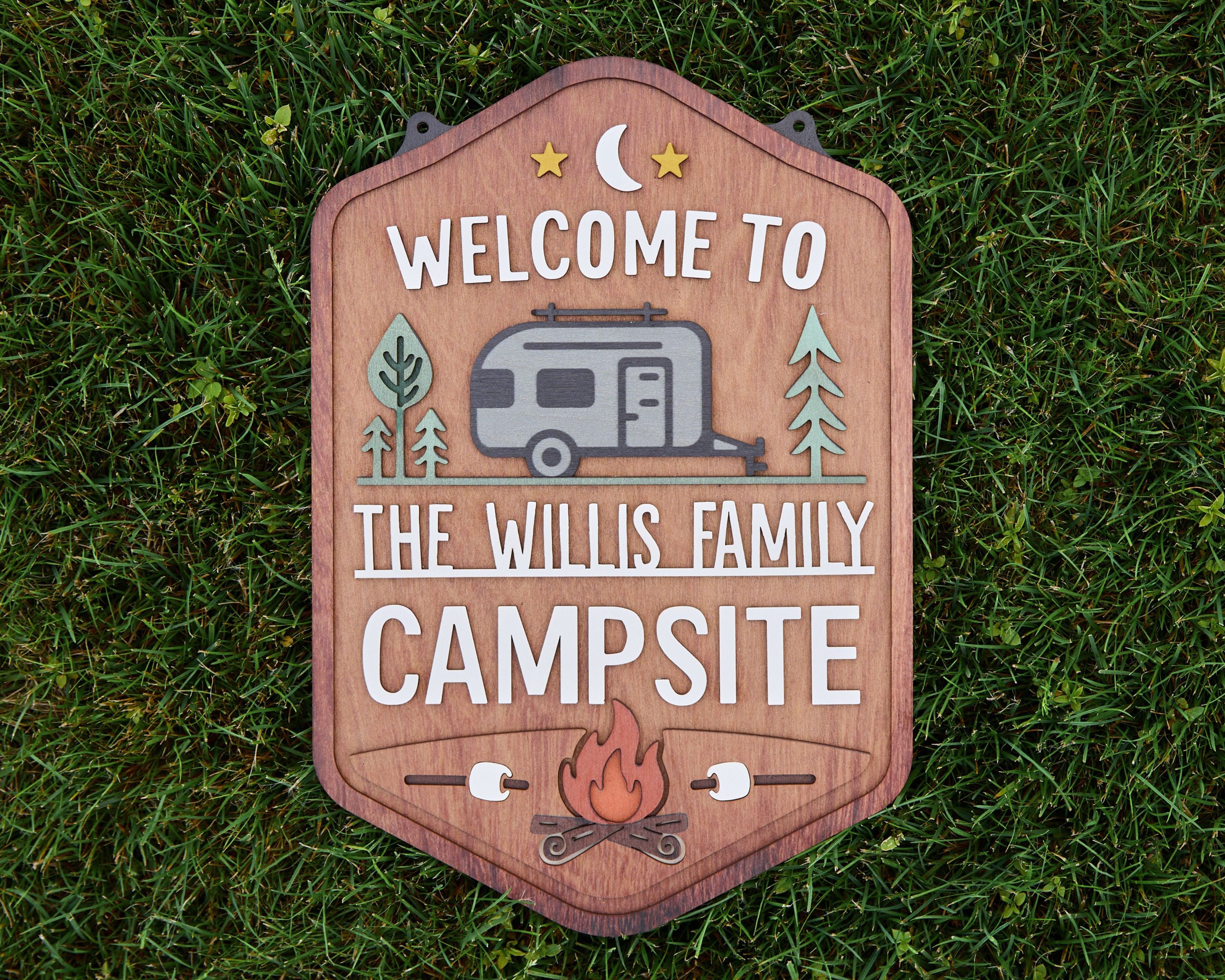 Personalized Welcome To Our Campsite Sign - Camping Flag | Custom Family Name Camper Decoration (Travel Trailer 2)