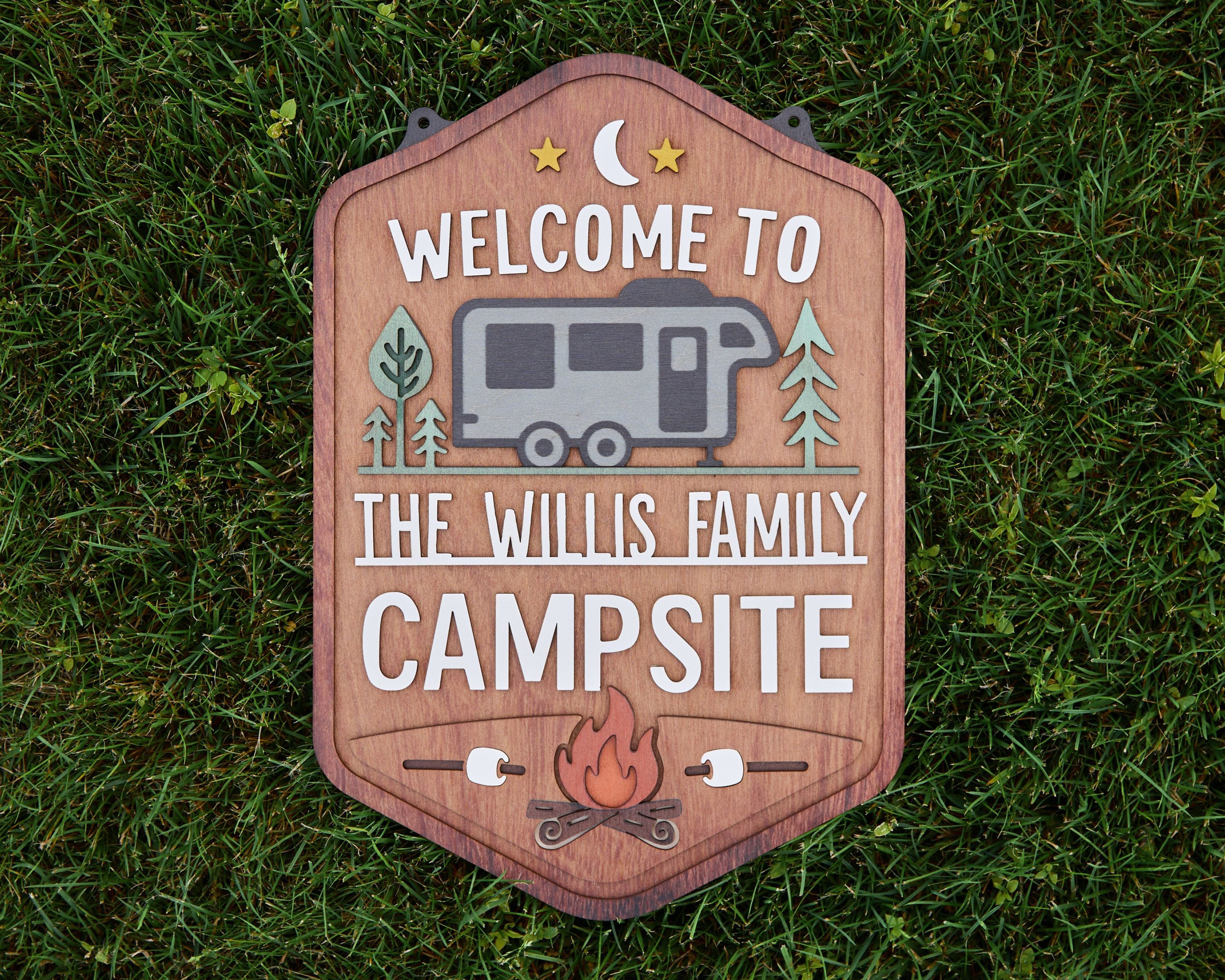 Personalized Welcome To Our Campsite Sign - Camping Flag | Custom Family Name Camper Decoration (Travel Trailer 3)