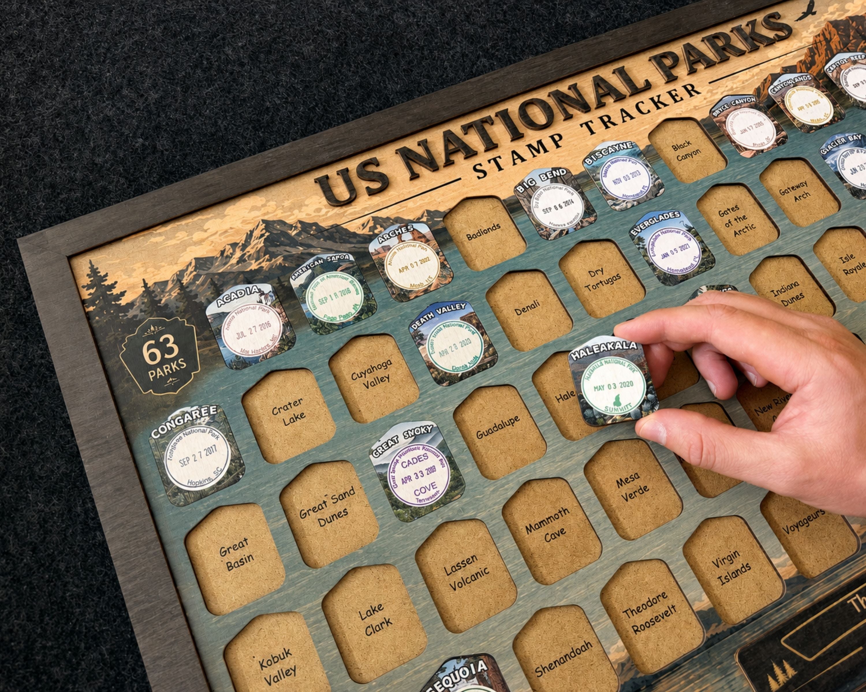 USA National Park Stamp Tracker – Wooden Passport Stamp Display for All 63 US National Parks