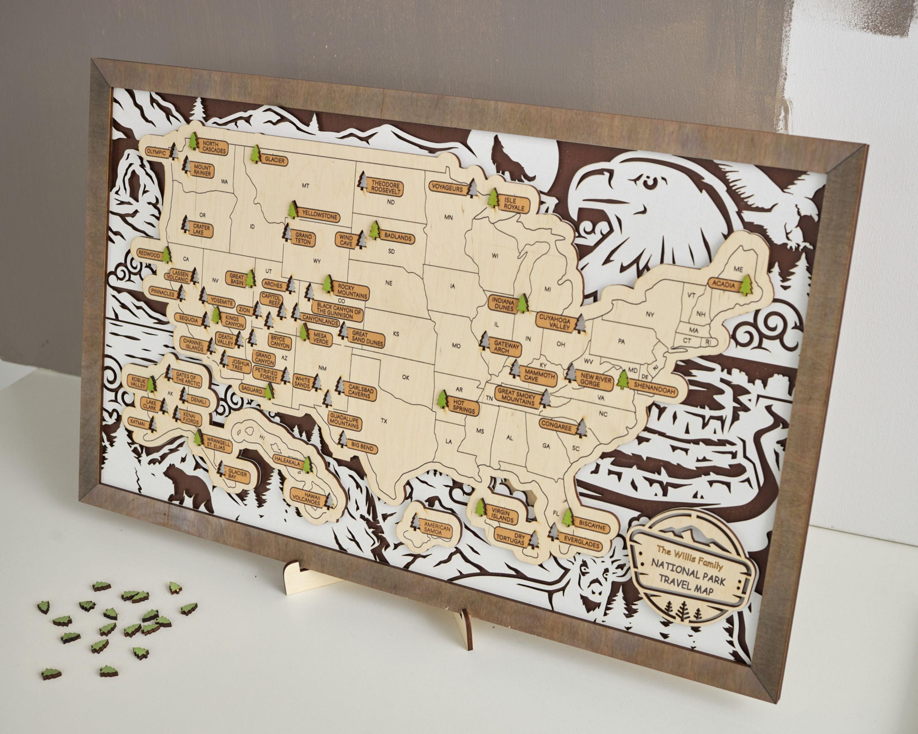 US 3D Wooden National Parks Travel Map With Trees To Record Park Visits (Wildlife Design) - Lemap