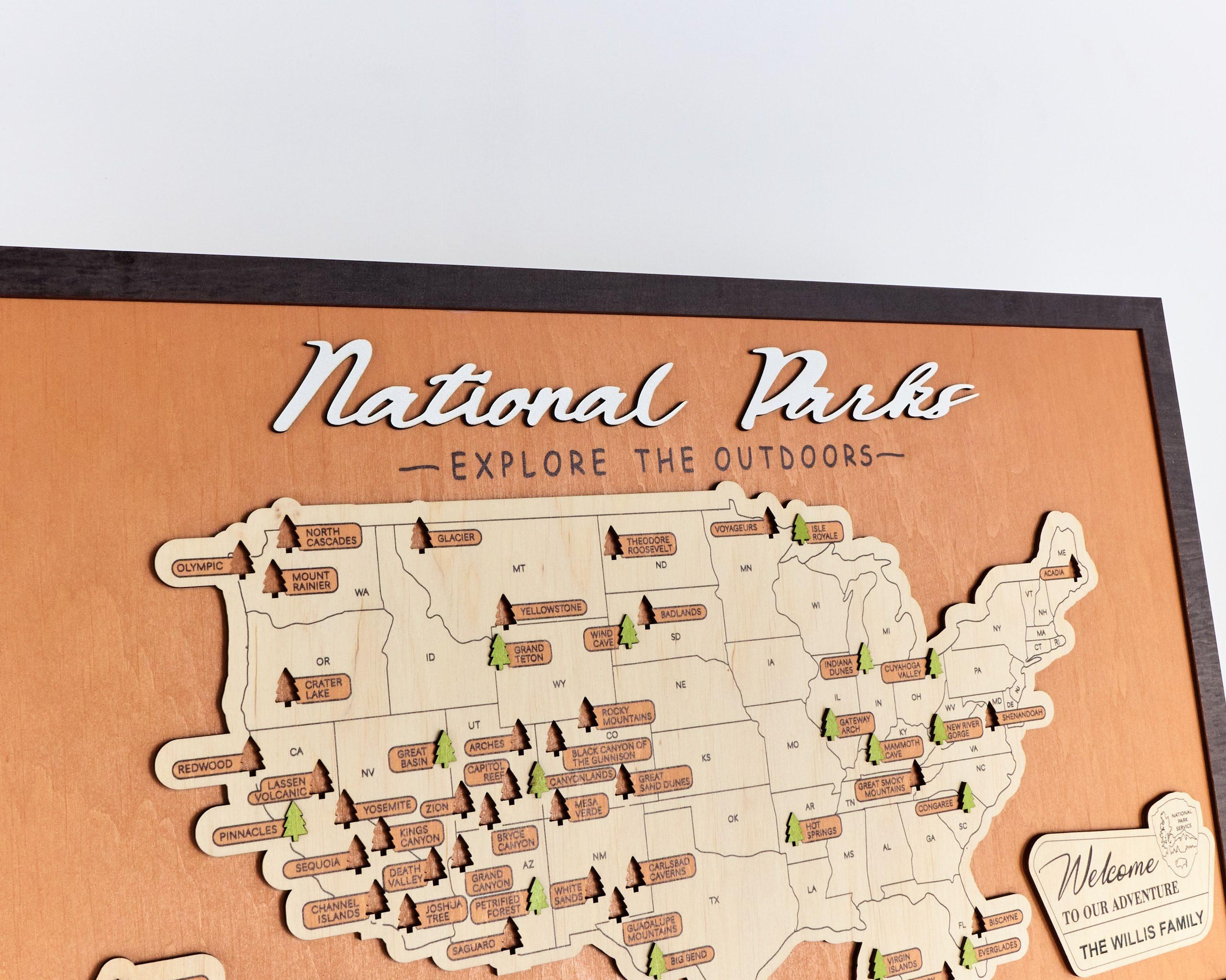US Wooden National Parks Travel Map With Trees To Record Park Visits (Light Walnut) - Lemap