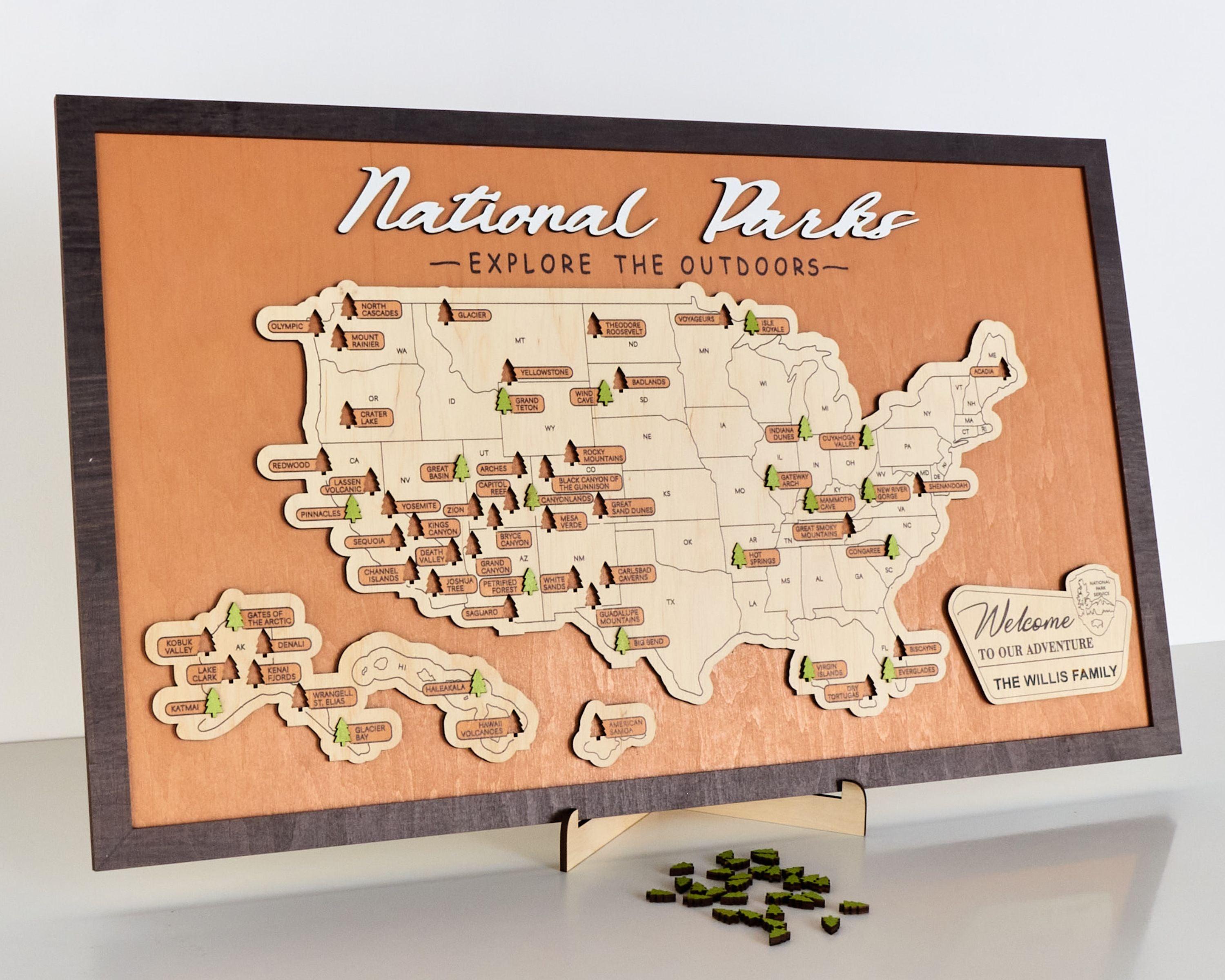 US Wooden National Parks Travel Map With Trees To Record Park Visits (Light Walnut) - Lemap