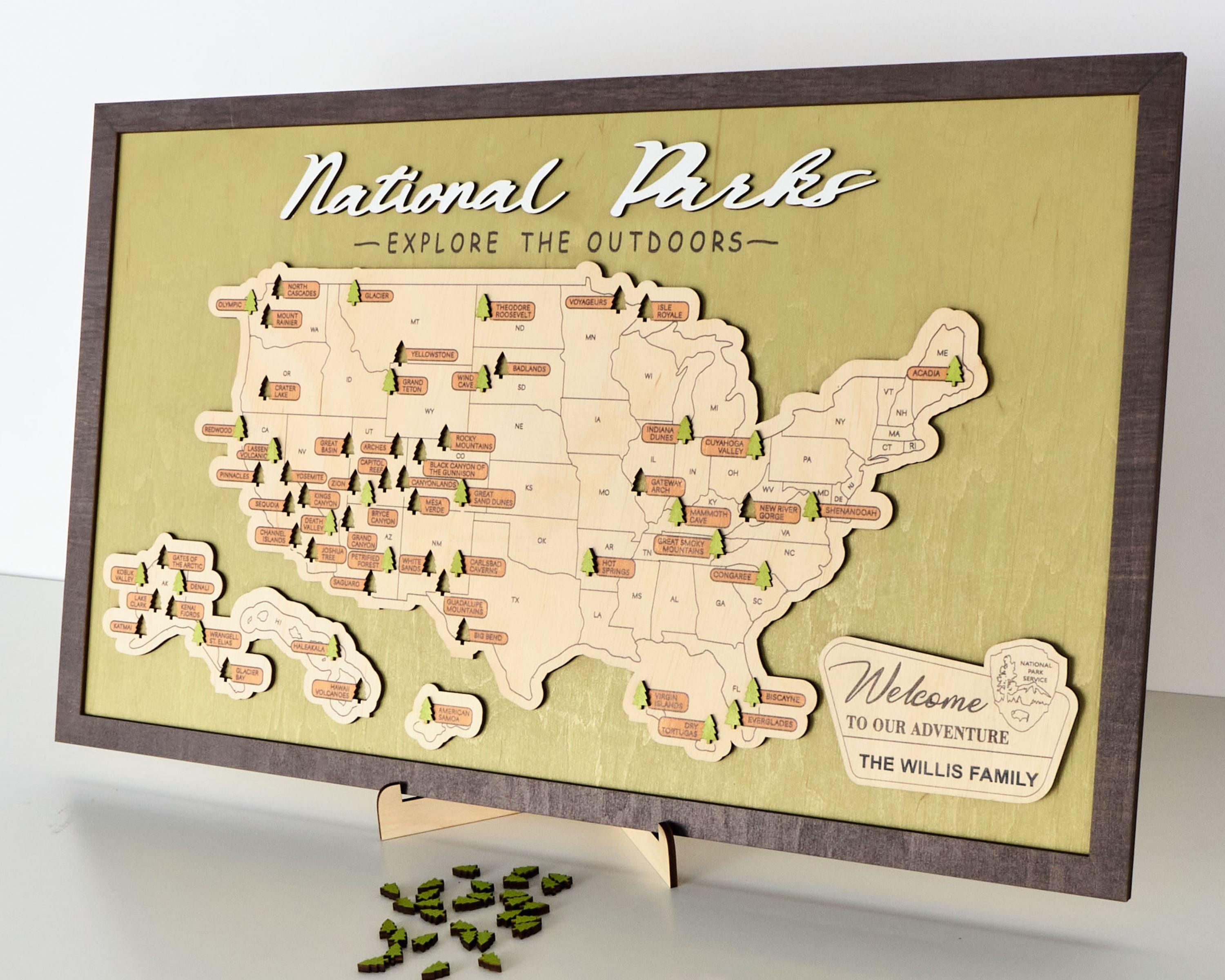 US Wooden National Parks Travel Map With Trees To Record Park Visits (Green) - Lemap