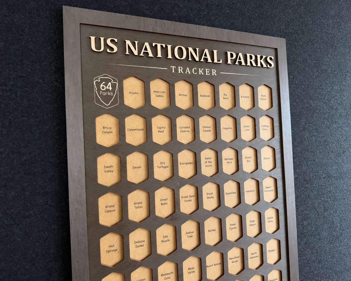 USA National Parks Tracker - A Handcrafted Wooden Travel Board to Track All 64 National Parks