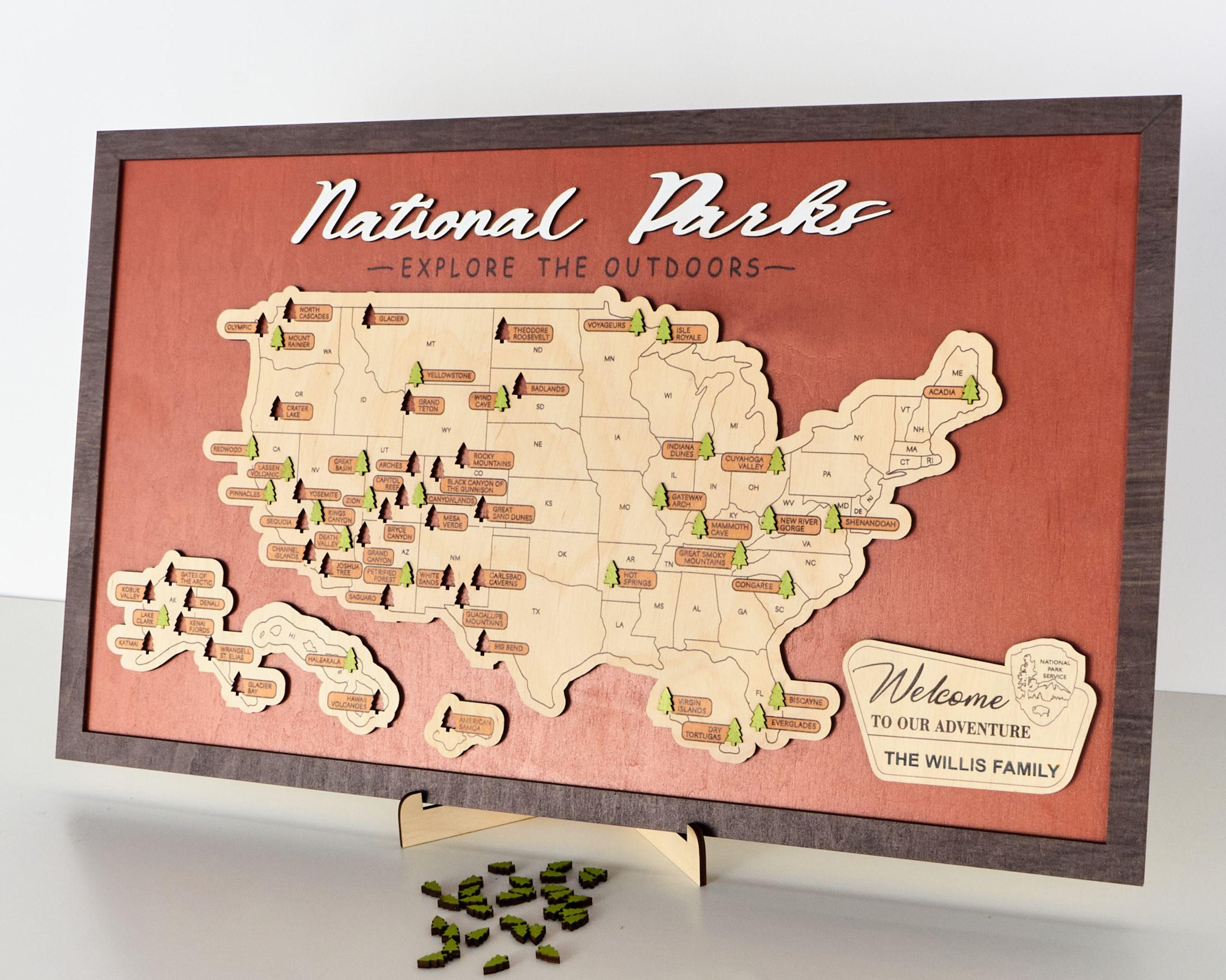 US Wooden National Parks Travel Map With Trees To Record Park Visits (Red) - Lemap
