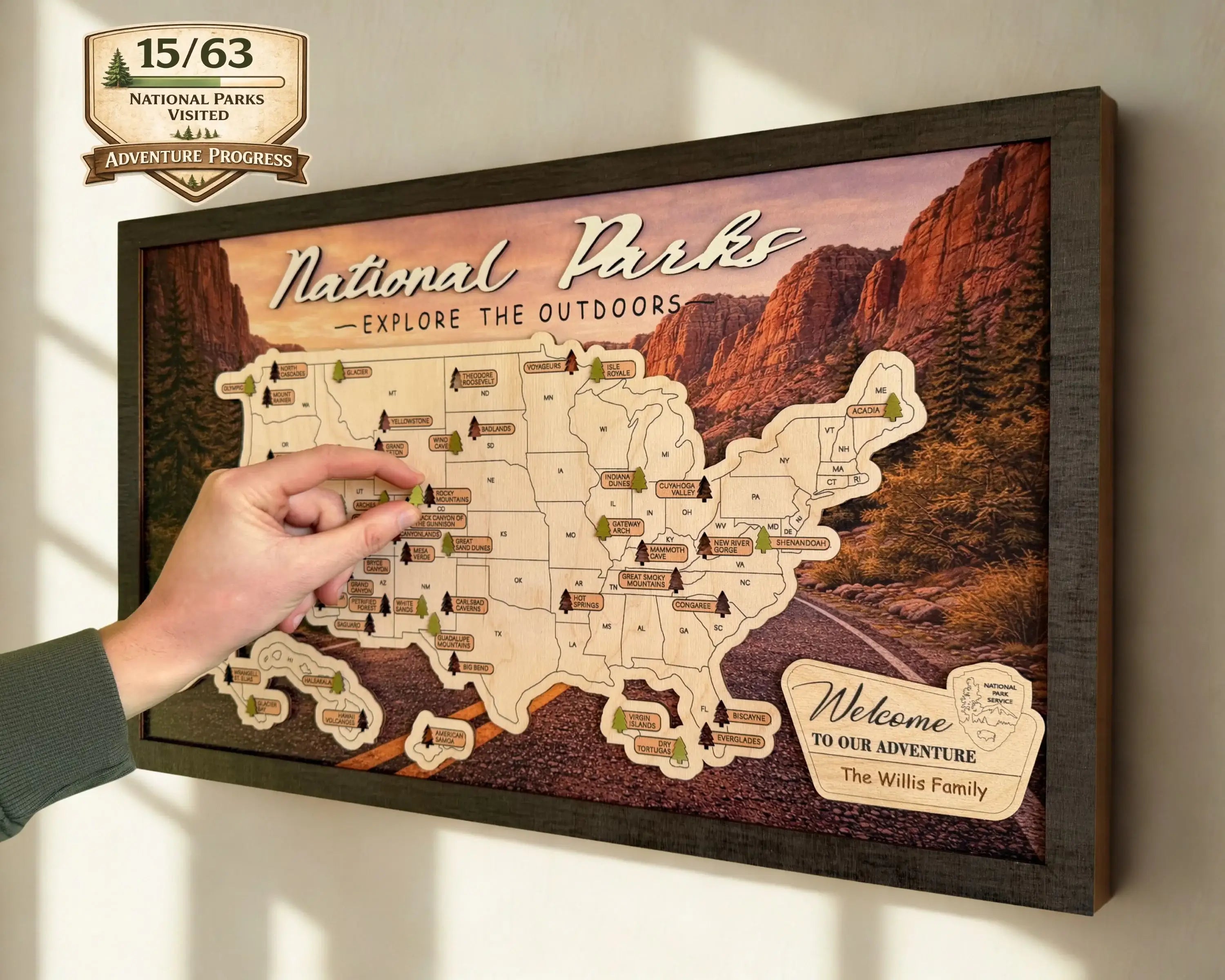 US National Parks Wooden Travel Map & Visit Tracker – Landscape Edition (Road sunset)