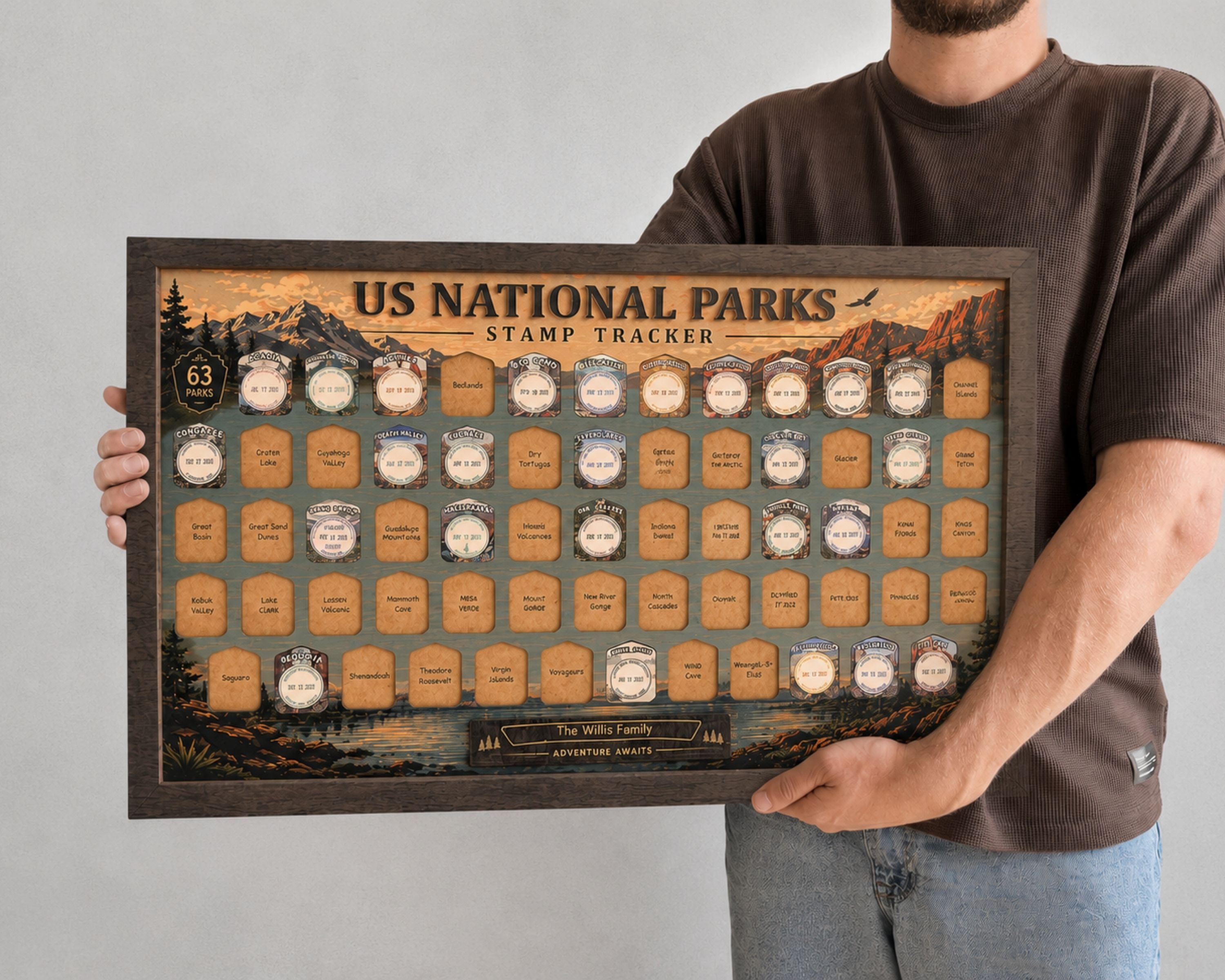USA National Park Stamp Tracker – Wooden Passport Stamp Display for All 63 US National Parks