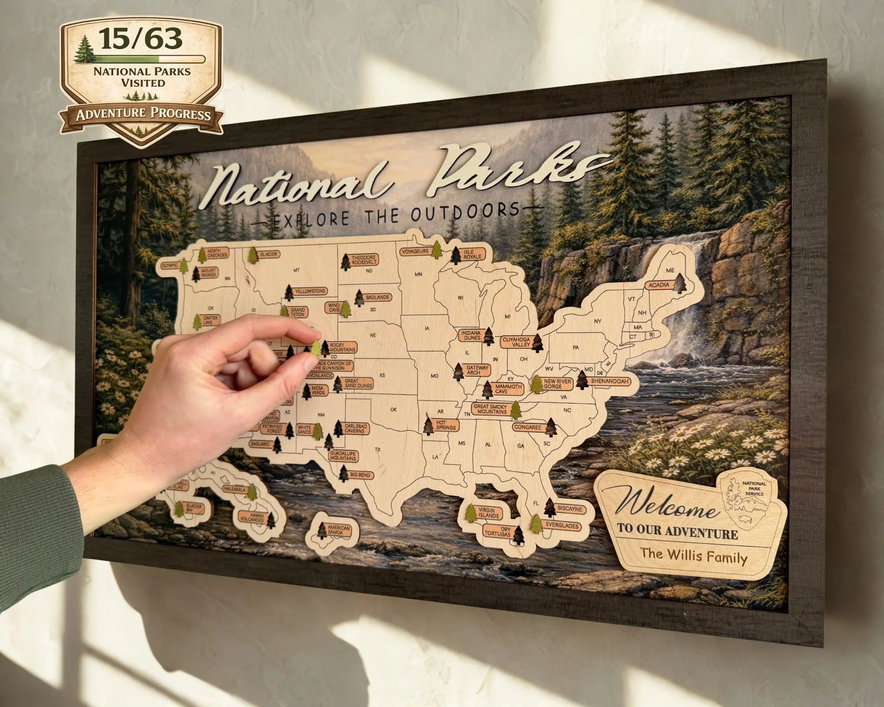 US National Parks Wooden Travel Map & Visit Tracker – Landscape Edition (Forest daisies)
