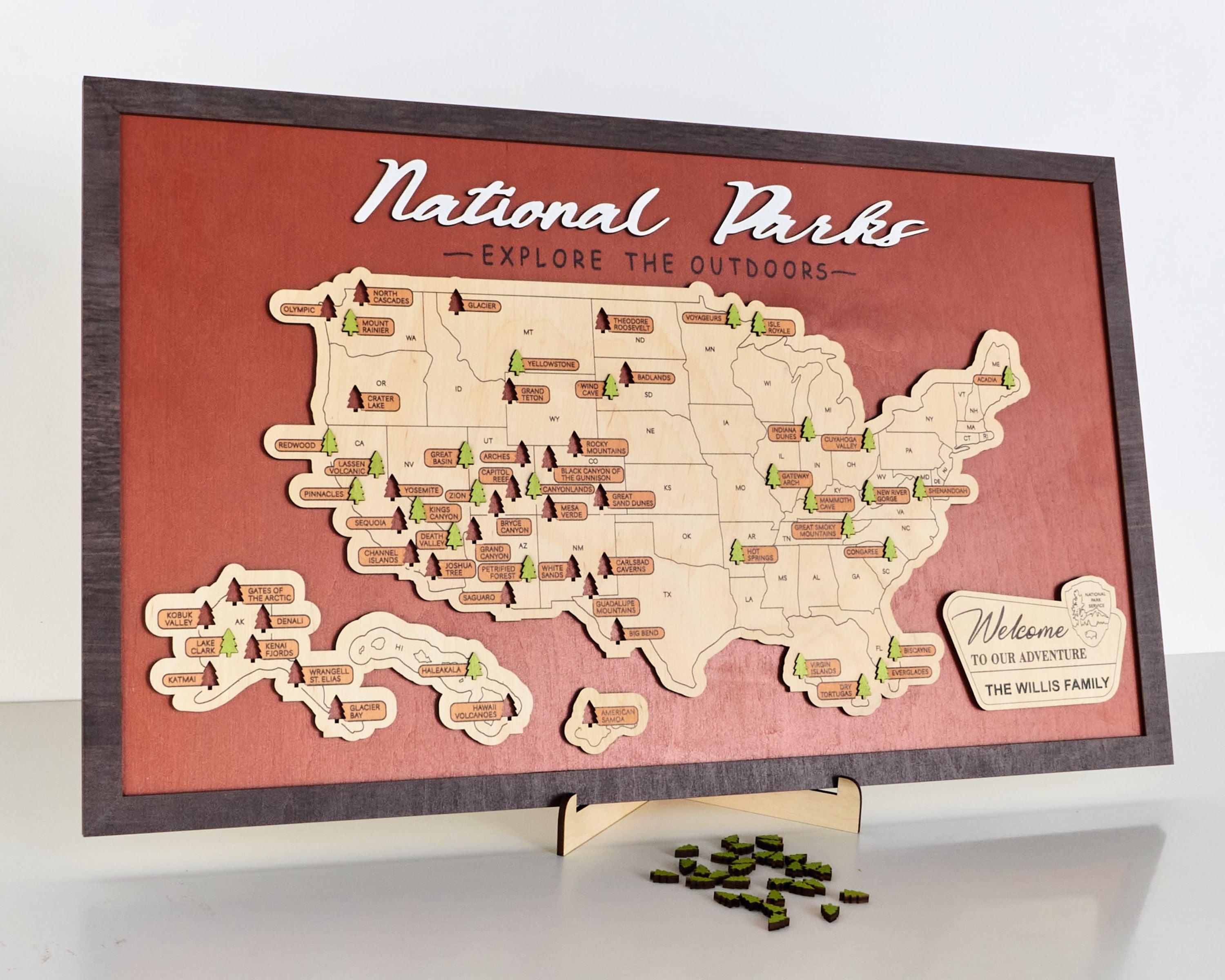US Wooden National Parks Travel Map With Trees To Record Park Visits (Red) - Lemap