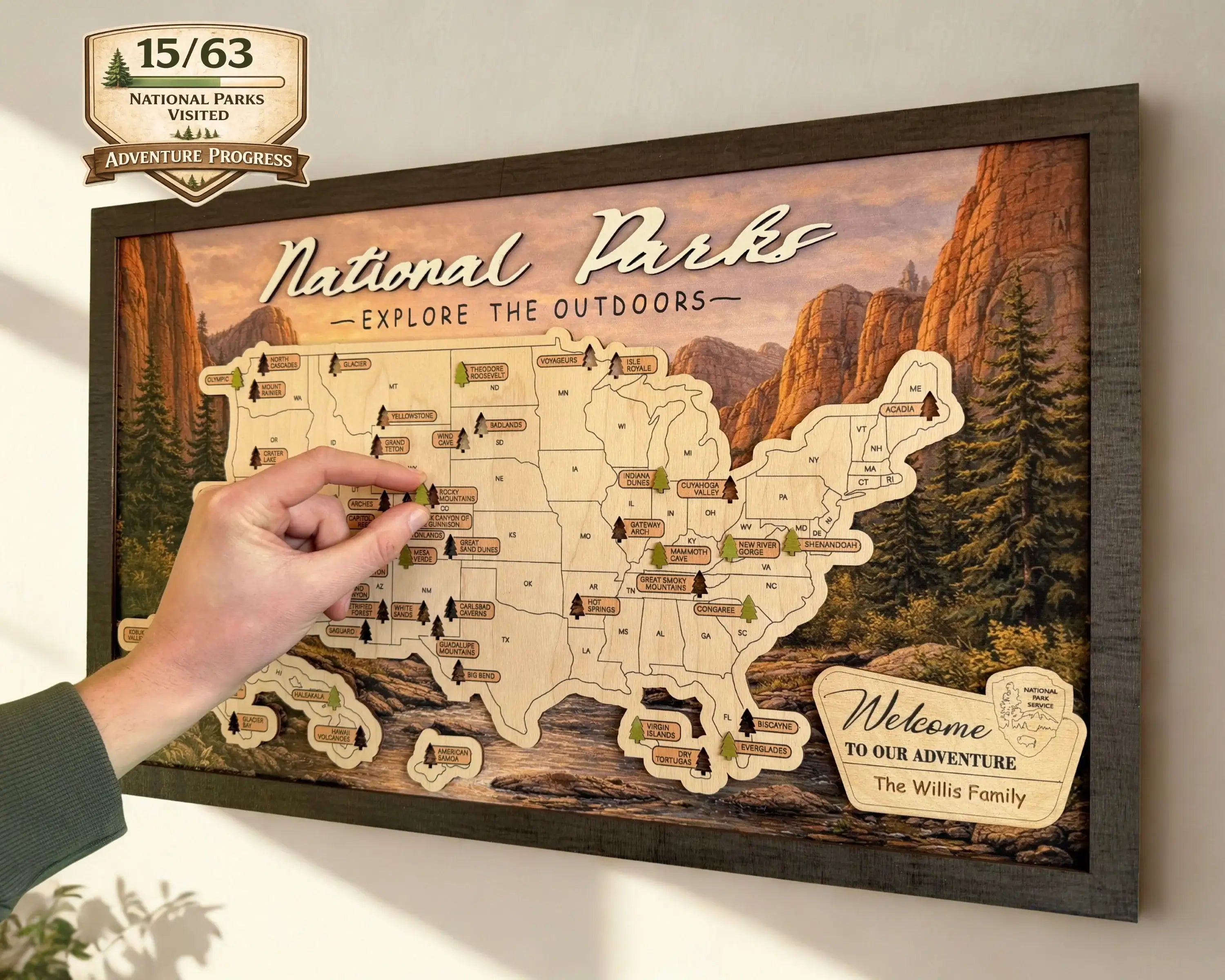 US National Parks Wooden Travel Map & Visit Tracker – Landscape Edition (Mountain sunset)