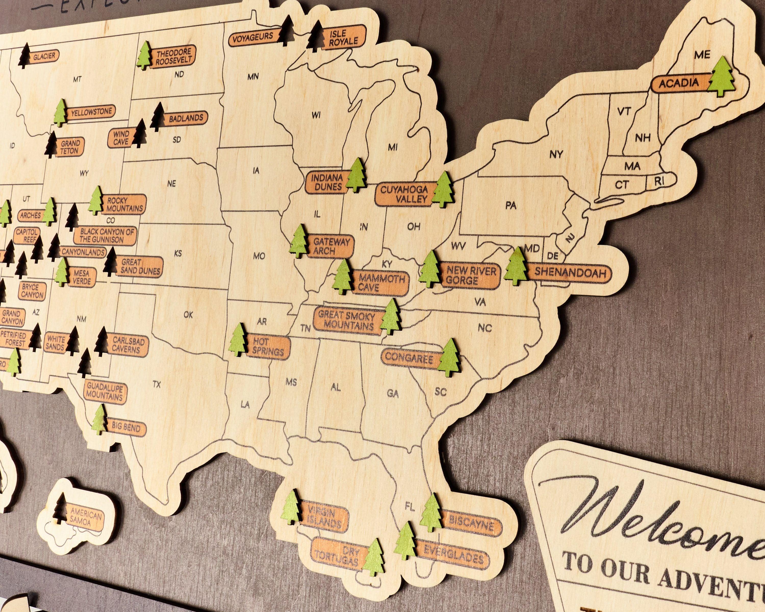 US Wooden National Parks Travel Map With Trees To Record Park Visits (Coffee) - Lemap