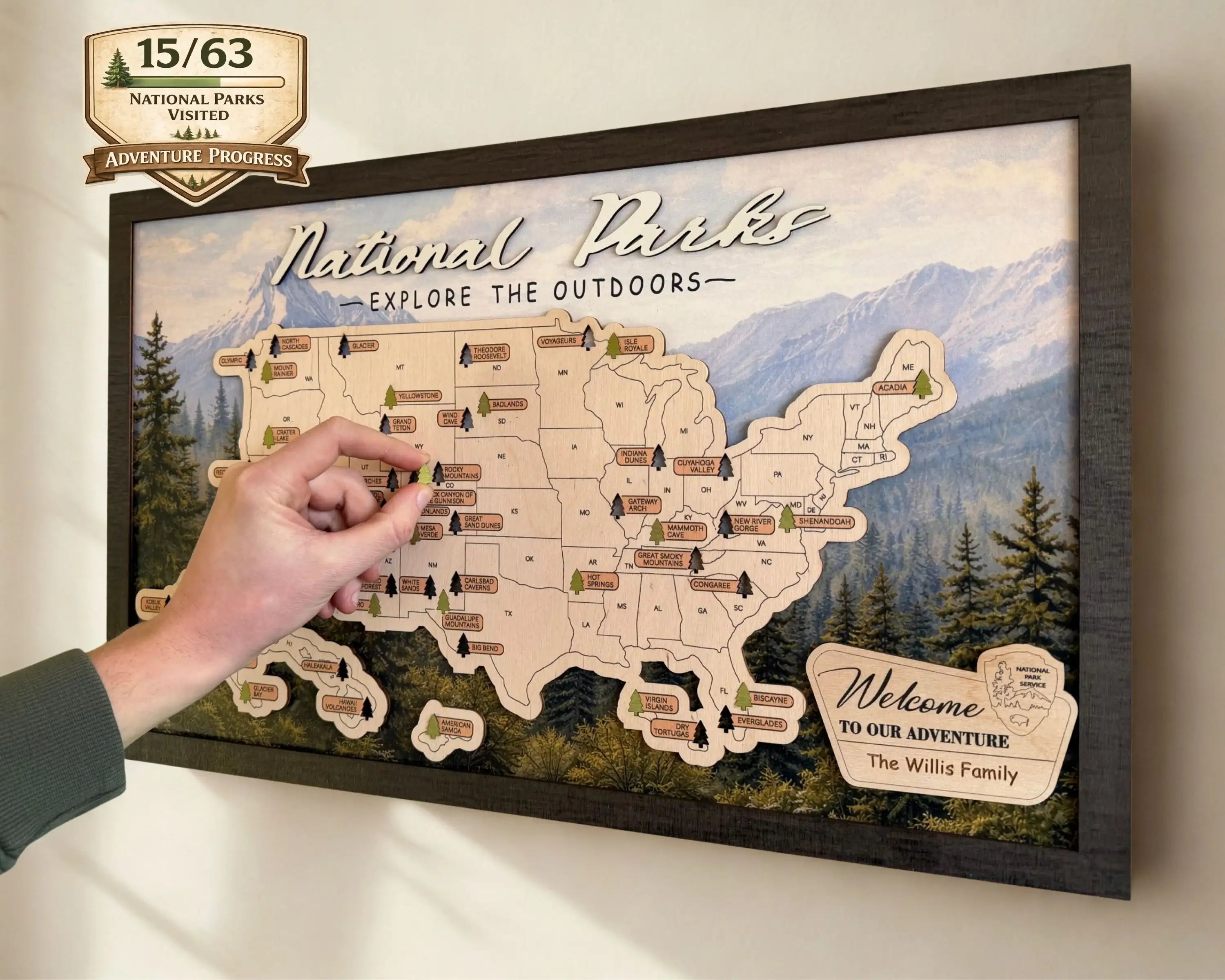 US National Parks Wooden Travel Map & Visit Tracker – Landscape Edition (Mountain)
