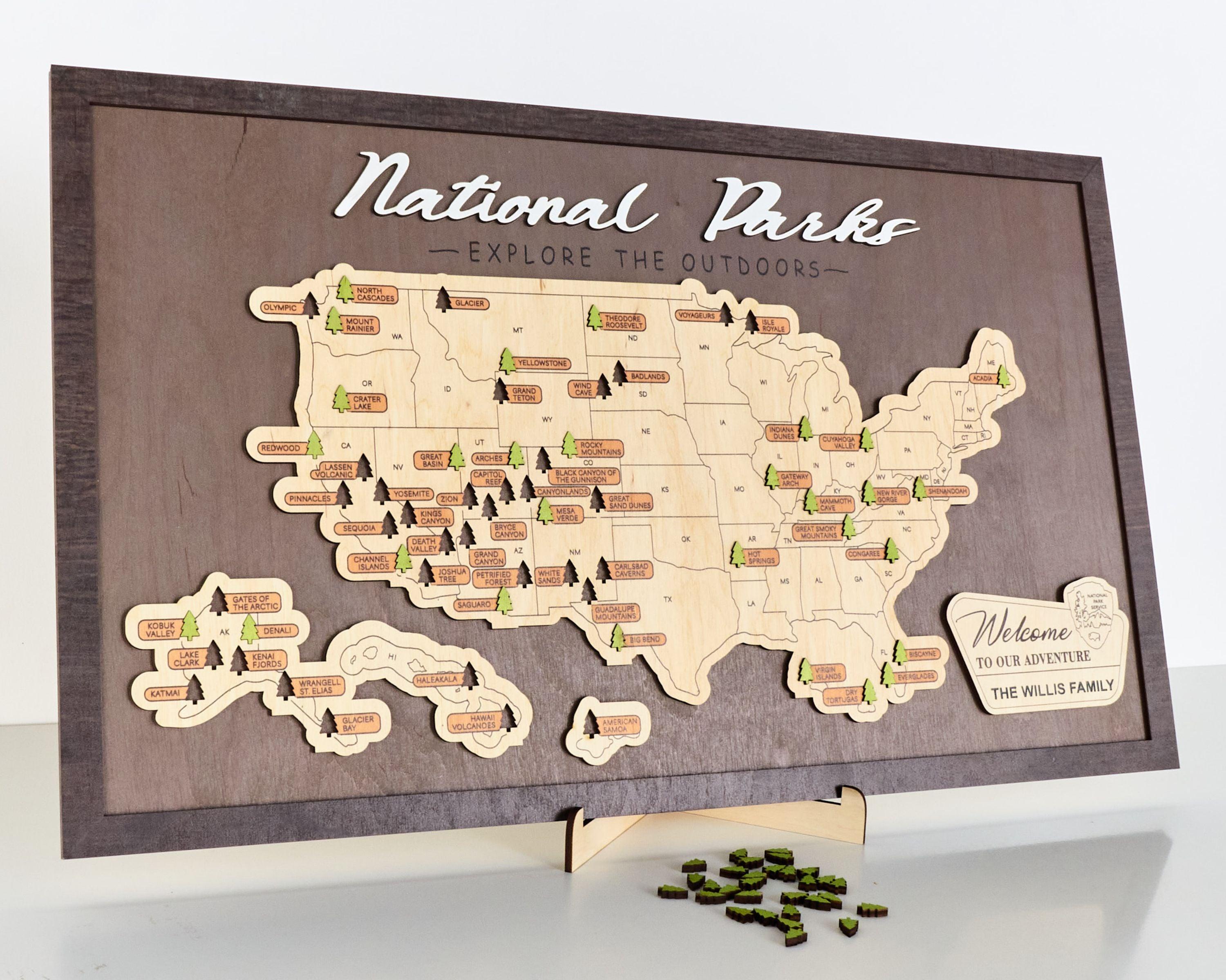 US Wooden National Parks Travel Map With Trees To Record Park Visits (Coffee) - Lemap