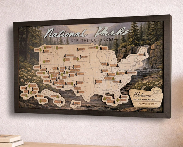 US National Parks Wooden Travel Map & Visit Tracker – Landscape Edition