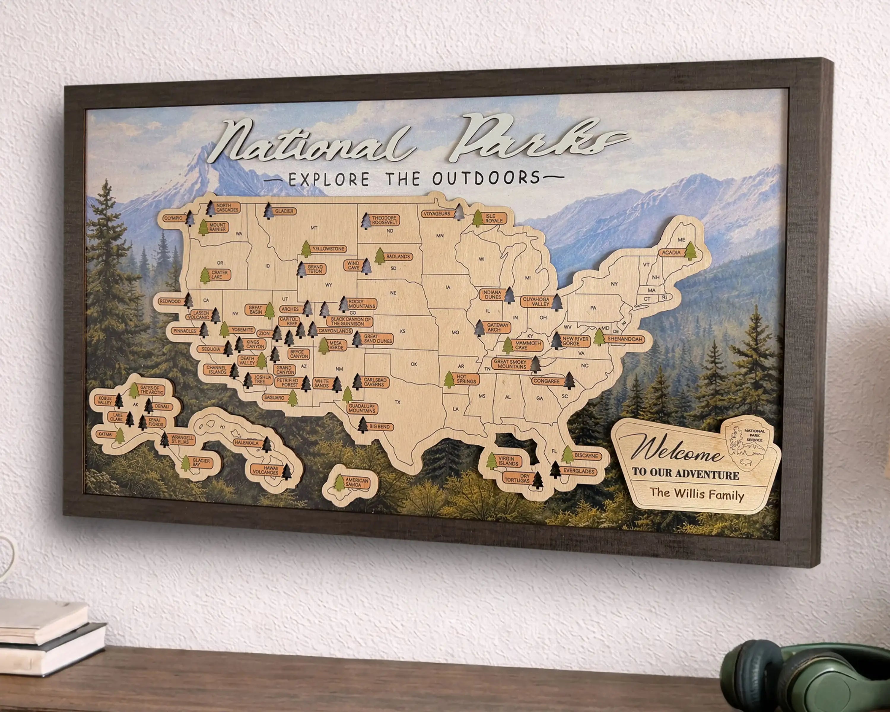 US National Parks Wooden Travel Map & Visit Tracker – Landscape Edition (Mountain)