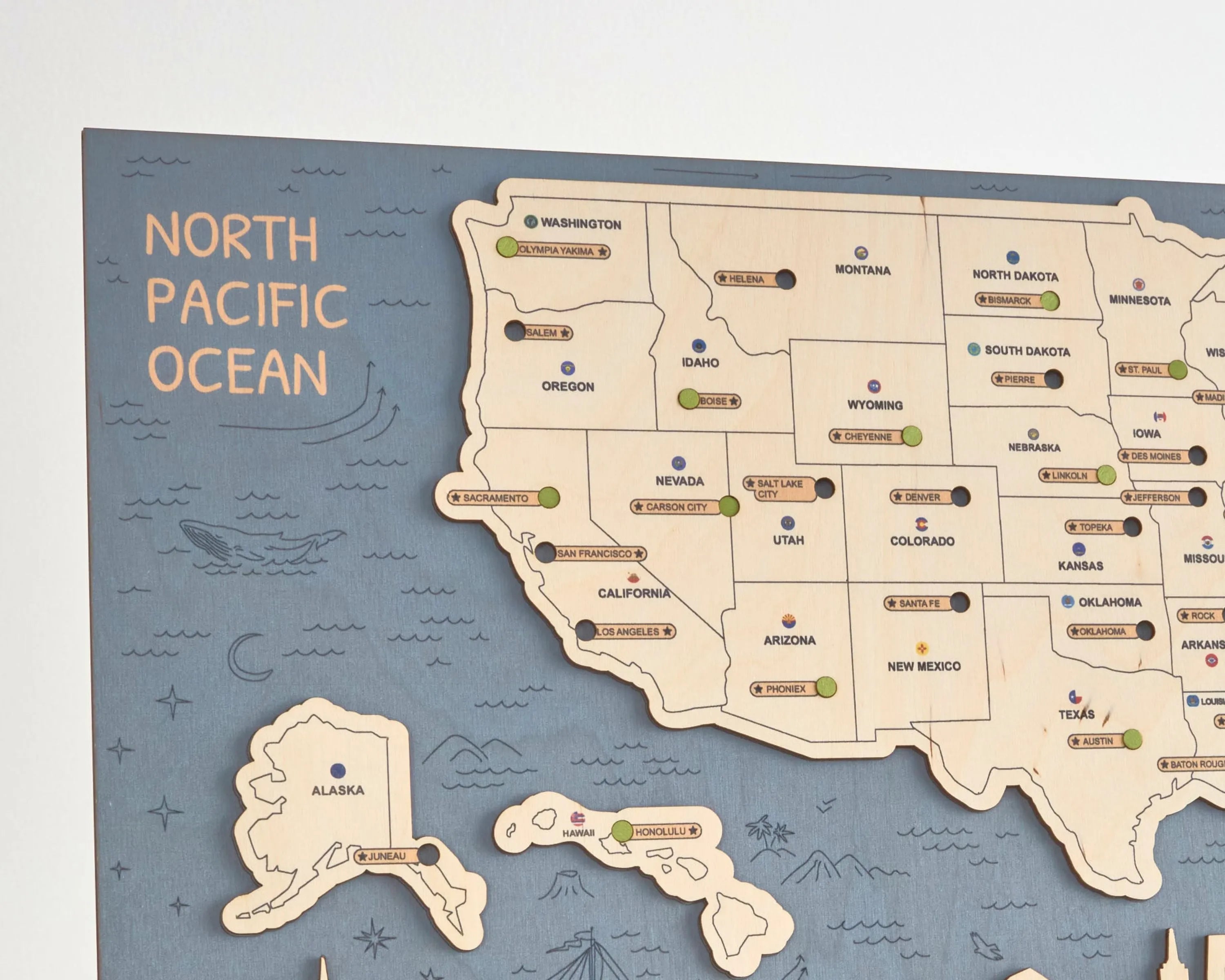 US 3D State Capitals Wooden Travel Map To Record Visits (New Blue)