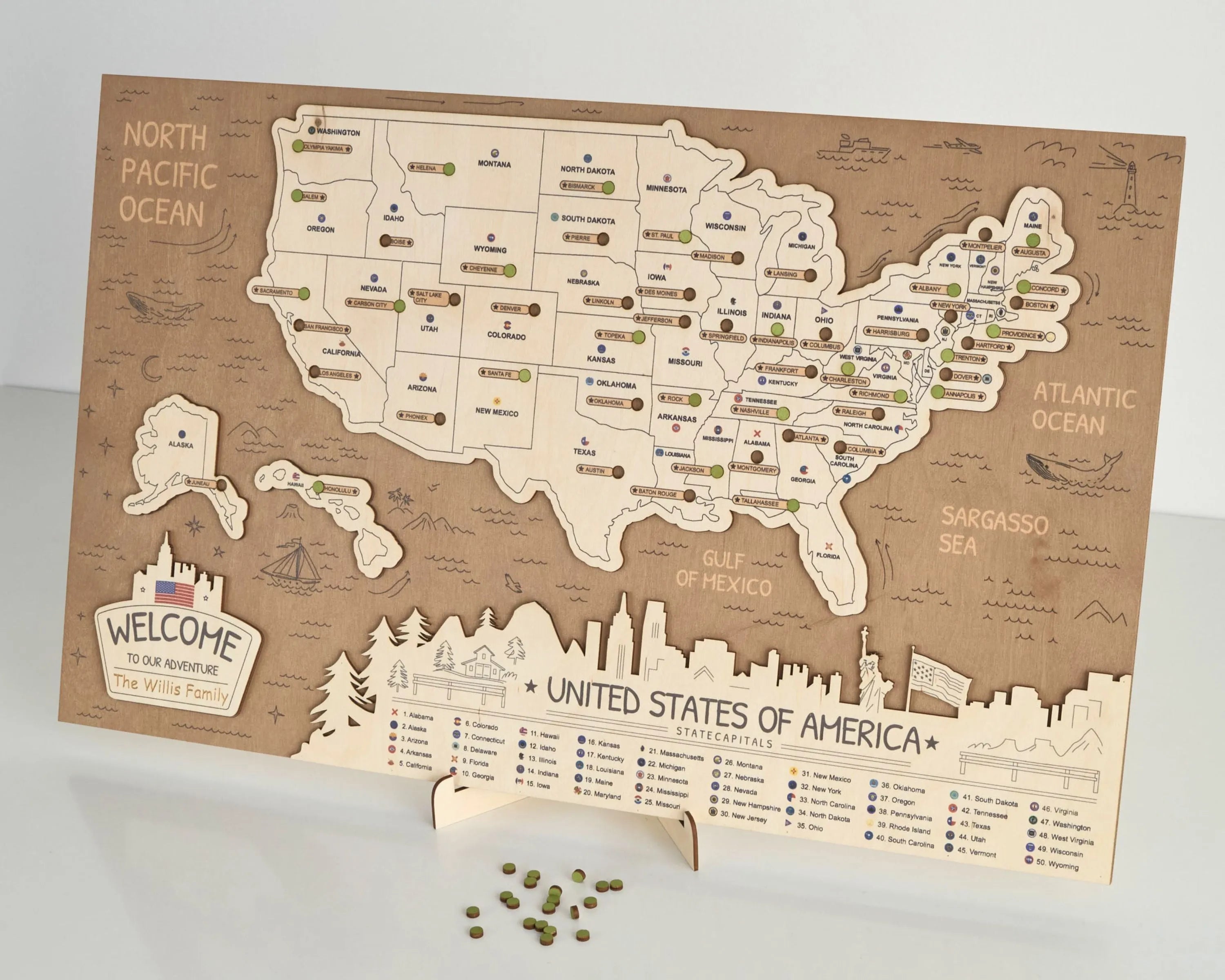 US 3D State Capitals Wooden Travel Map To Record Visits (New Brown)