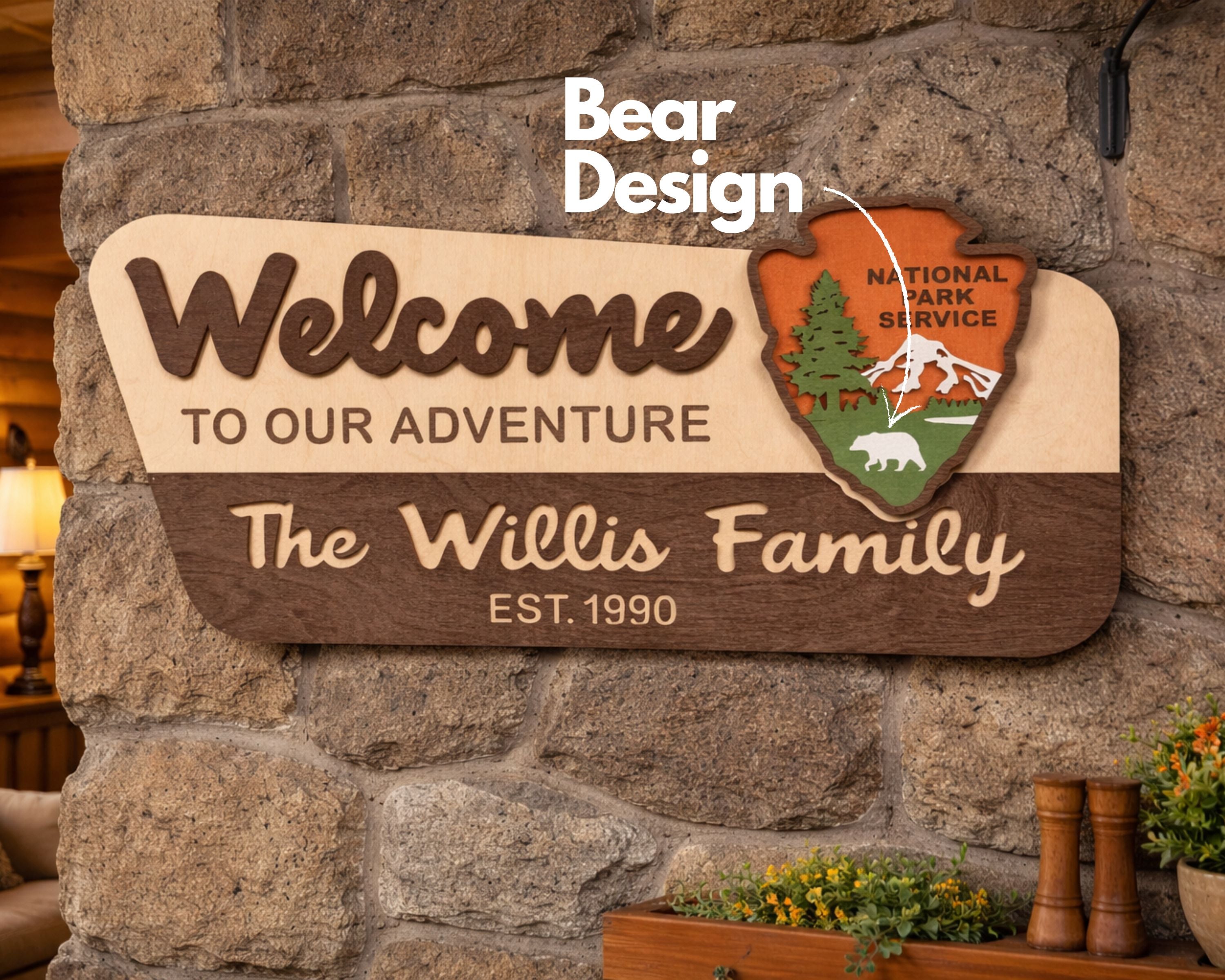 3D National Park Service Family Name Welcome Sign (Bear Design)