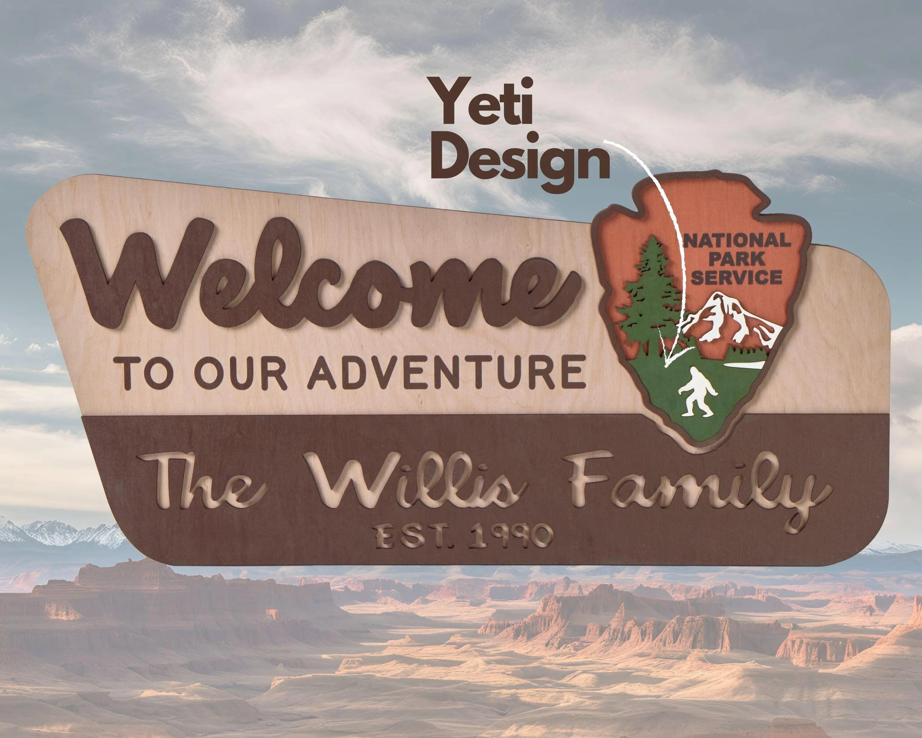 3D National Park Service Family Name Welcome Sign (Yeti Design)