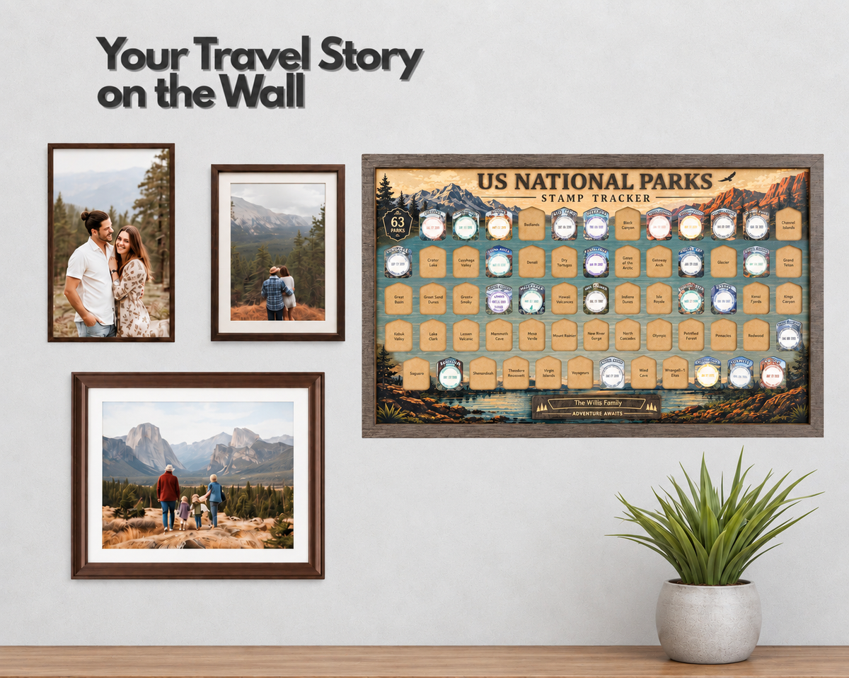 USA National Park Stamp Tracker – Wooden Passport Stamp Display for All 63 US National Parks