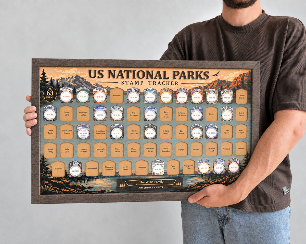 USA National Park Stamp Tracker – Wooden Passport Stamp Display for All 63 US National Parks