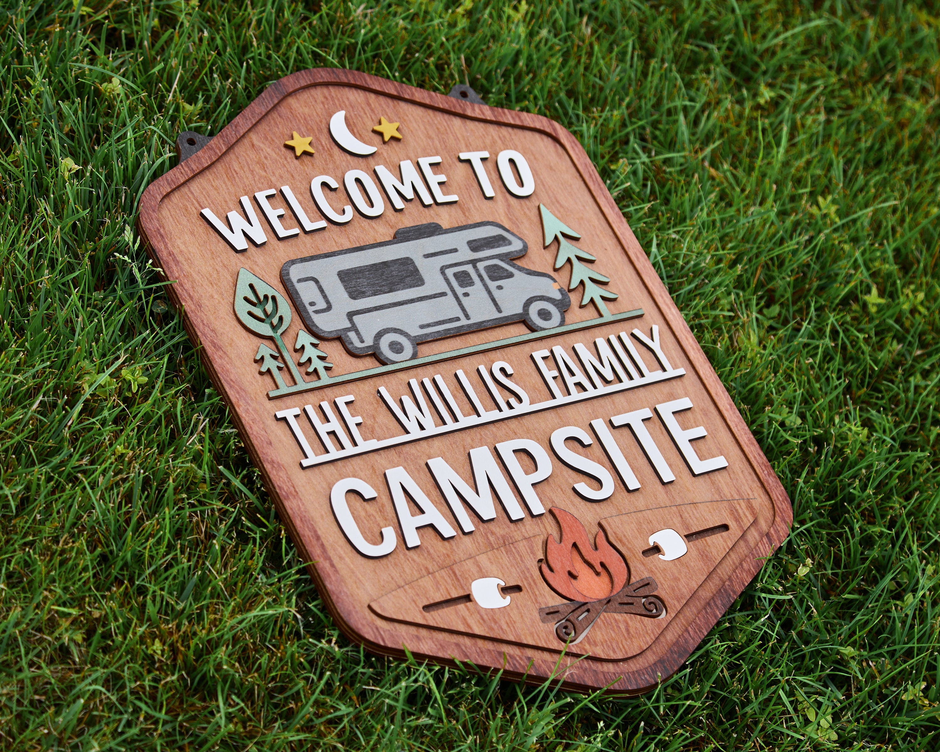 Personalized Welcome To Our Campsite Sign - Camping Flag | Custom Family Name Camper Decoration (Motorhome 3)